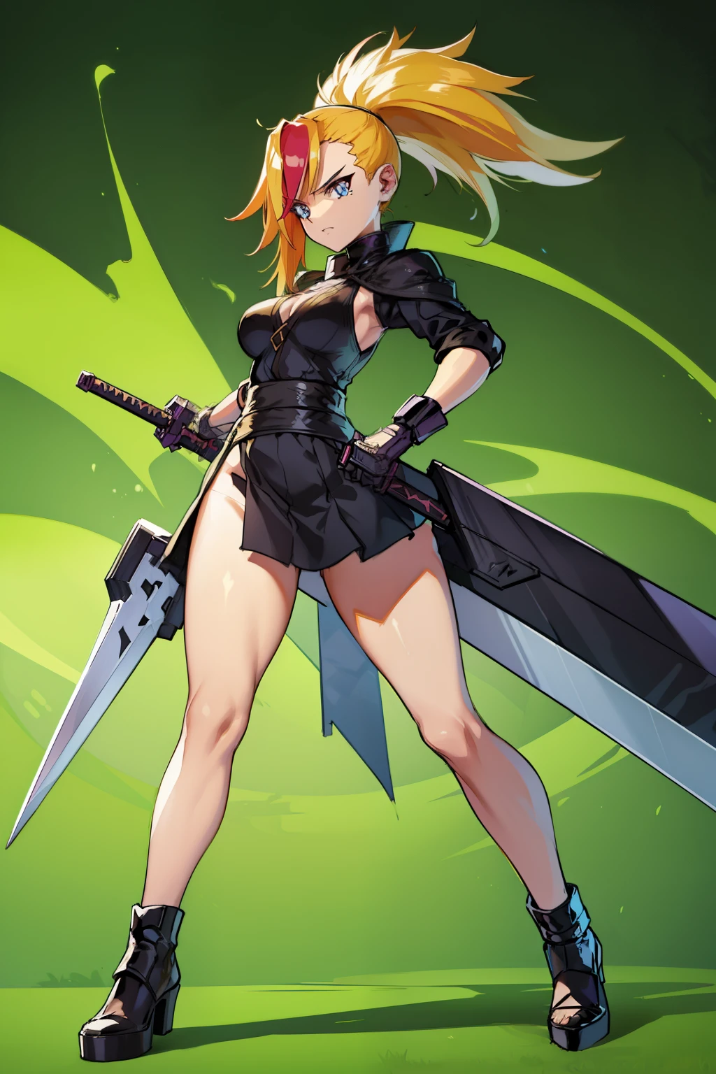 gorgeous woman, holding a giant swordon her shoulder, perfect face, ultra long hair, standing, ultra detailed face, kunoichi, perfect giant sword, heavy sword, huge sword, fullbody shot