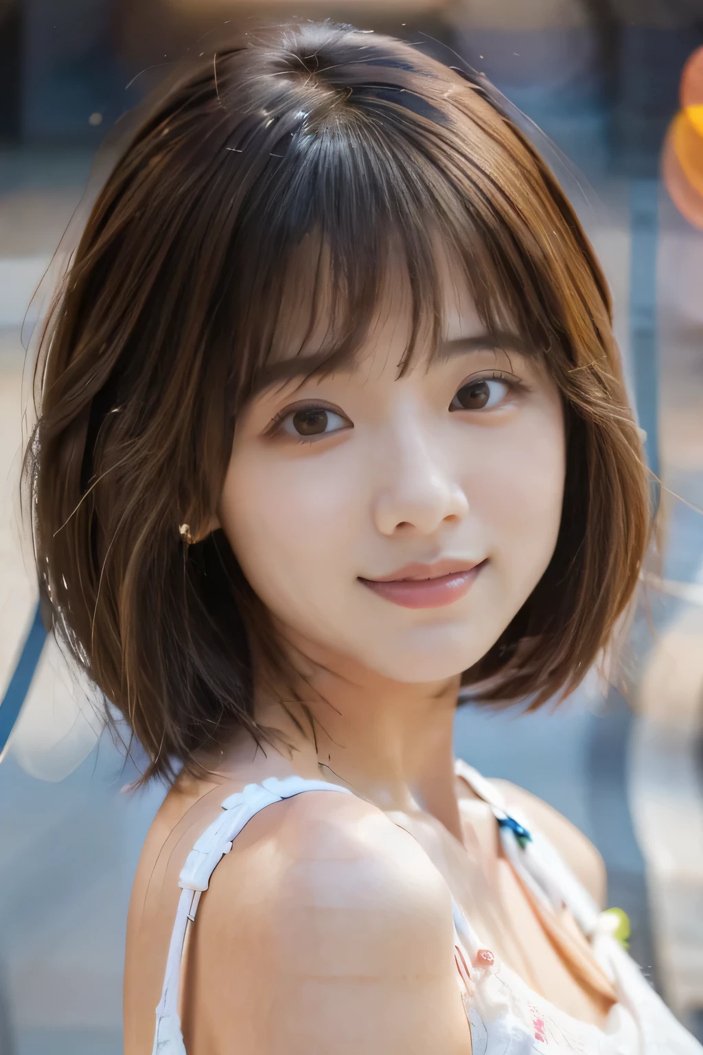 20 year old girl,(Cute short hair:1.5)、Inviting and kind eyes、A carefree and cute smile, Close-up shot of just the face,