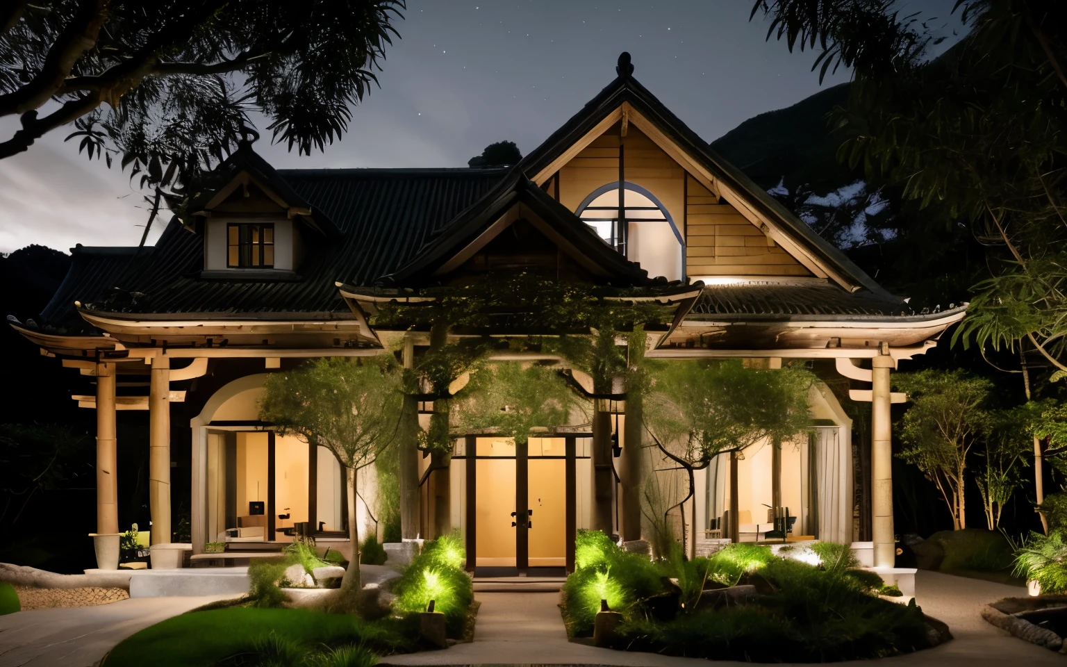 outdoor house, Well-pruned green trees, royal garden,grass yard,beige wall, sloped roof,wood and glass door, (night:1.2),(northen light), beautiful landscape, stream in front of house, in the bamboo forest, RAW photo, 8k uhd, dslr, soft lighting, high quality, film grain, Fujifilm XT3, (indoor lighting),