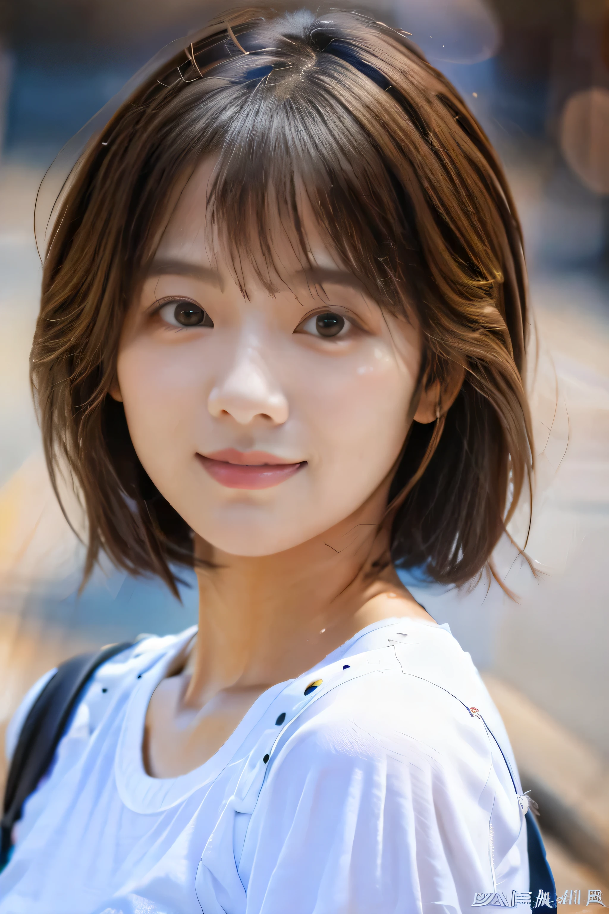 20 year old girl,(Cute short hair:1.5)、Inviting and kind eyes、A carefree and cute smile, Close-up shot of just the face,