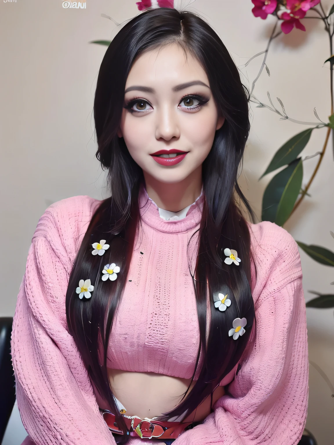 (best quality:2), (realistic, photo-realistic:2), (High-definition face drawing:1.3), (masterpiece:1.1), (smile:1.2), gal.safetensors, (colorful flowers:1.2), (Stickers with intricate patterns:1.2), (white eyelashes:1.1), (red cheek:1.1), (pink lips:1.1), upper body, (gothic makeup:1.1)