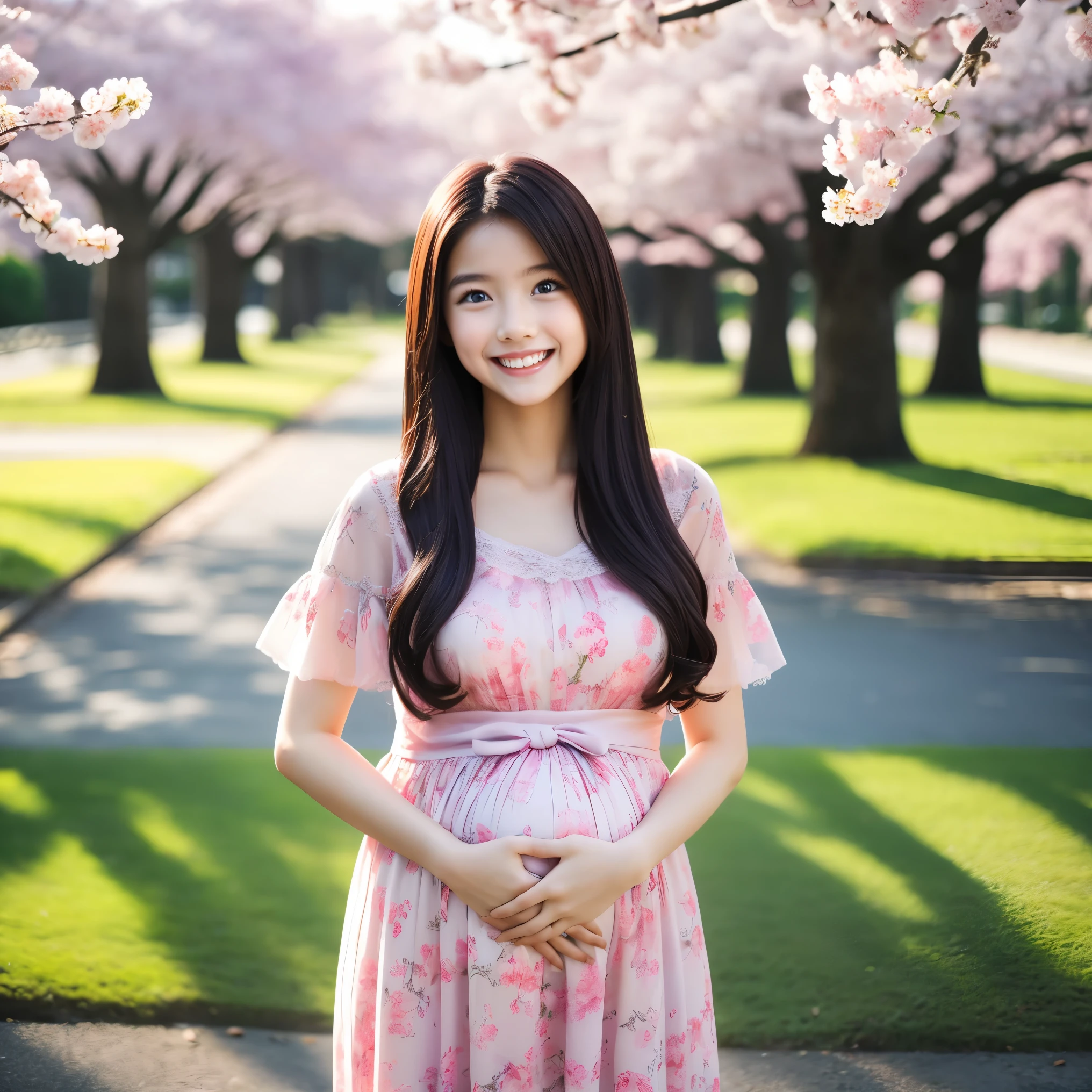 (highest quality、masterpiece、8K、best image quality、Award-winning work)、1 female、walk in the park、(pregnancy:1.1)、(solo:1.1)、(1 photo:1.1)、classy maternity clothes、See-through maternity wear、Lace decoration、perfect makeup、thin、The biggest smile looks at me、(Height: 140cm:1.2)、(Very short:1.2)、standing full body photo、perfect anatomy、Blurred cherry blossoms in full bloom,、Large grassy park、refreshing atmosphere、very bright and vivid、Beautiful eyes in super high resolution、Super high resolution perfect beautiful teeth、Ultra high definition beauty face、Ultra HD beautiful hair、perfect teeth alignment