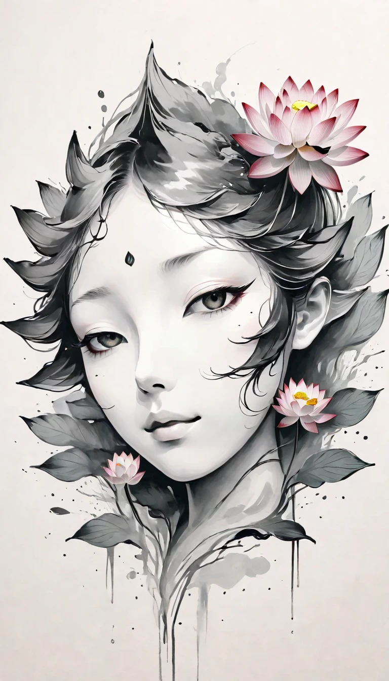 (Anime line drawing:1.5),(black and white painting:1.45),Minimalism,(line art:1.6),sketch,Charcoal drawing,mask,lotus