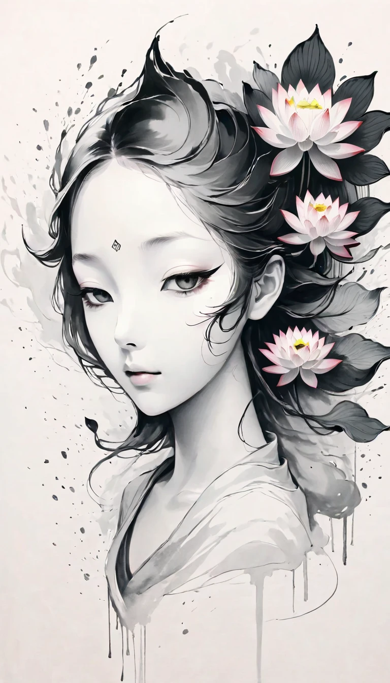(Anime line drawing:1.5),(black and white painting:1.45),Minimalism,(line art:1.6),sketch,Charcoal drawing,mask,lotus