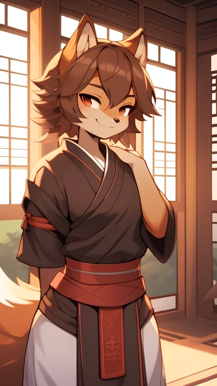 Best quality, Super detailed illustration, Warm tones, perfect lighting, (fluffy squirrel boy:1.4) , feminine face and body, disheveled thick hair, Samurai equipment, at the Japanese temple, smug smile, half-closed eyes , femboy, small waist, wide hips, slim, perfect body, DND style