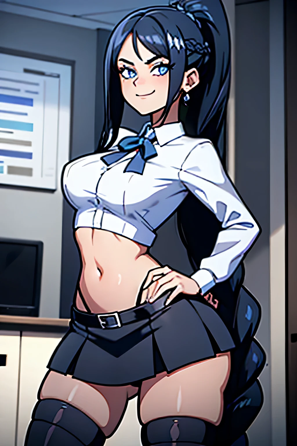 (Cartoon style), (bestquality), depth of field, (dynamic angle),  (blue eyes), 1girl, goth girl:1.2, teen, 18 years old, long black hair, hair in one long braid down to her butt, standing in an office, narrow waist, wearing a office Outfit, Business Outfit, skirt and blouse, smile:1.3, navel, medium bust, Penis bulge, 