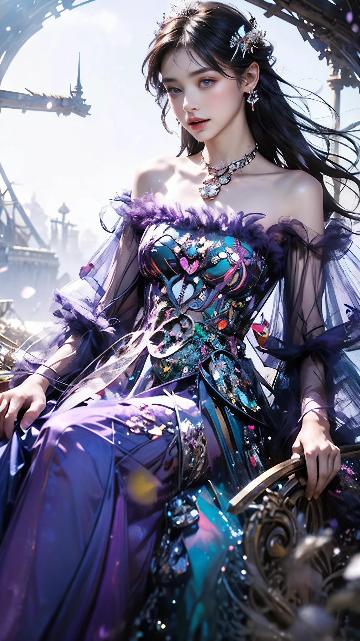 8K, ultra hd, masterpiece, 1 girl, (good face:1.4), detailed eyes, very long hair, impressive hairstyle, earings, necklace, small breasts, (purple dress:1.5), see-through, tulle dress, (fantasy dress:1.5) Light-colored foundation brings out the transparency of the skin, (in the wonderland:1.5), mystery, diwali lights, glowing lights, very decoration, The moonlight falls like water, perfect body, sitting,