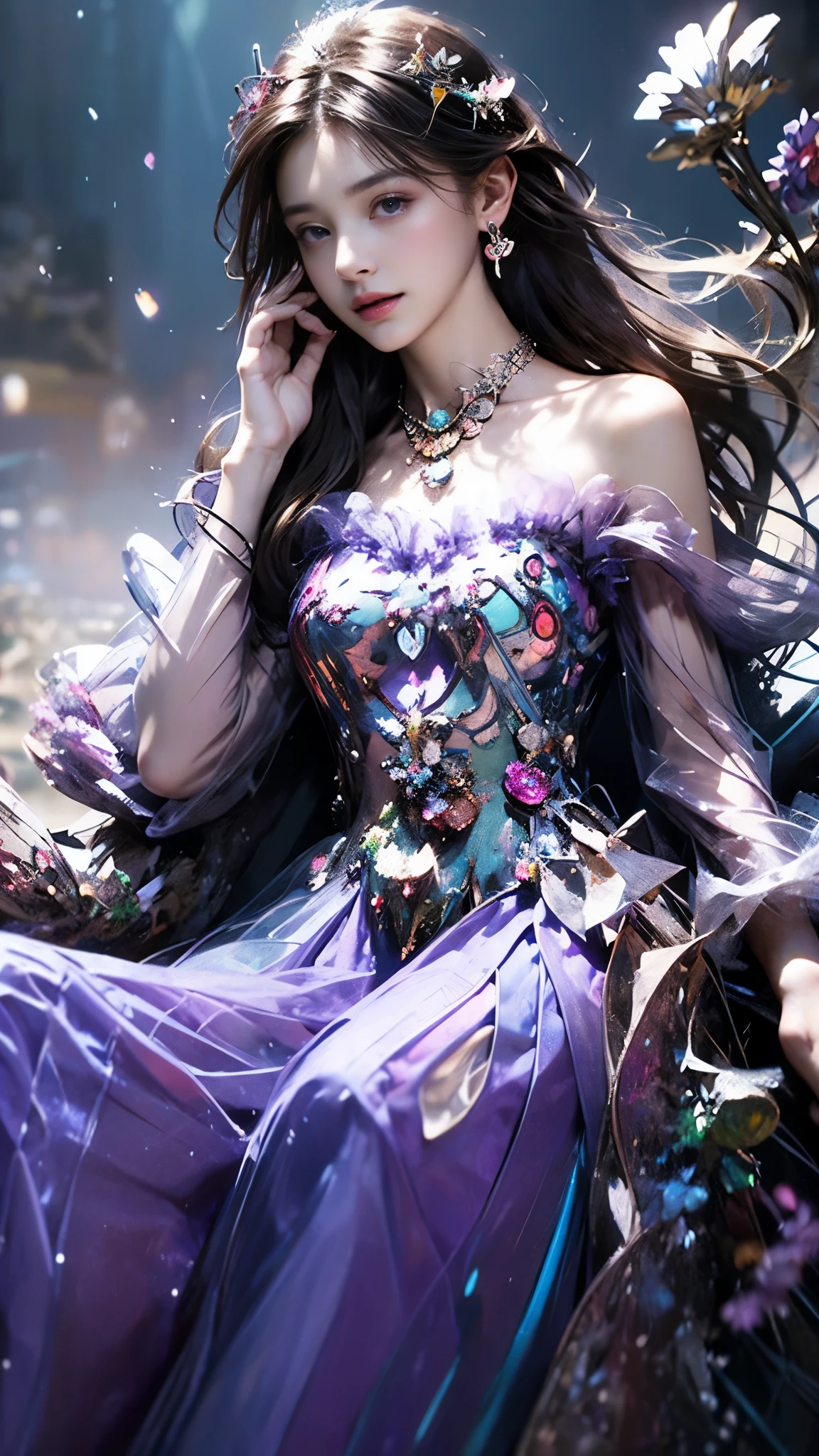 8K, ultra hd, masterpiece, 1 girl, (good face:1.4), detailed eyes, very long hair, impressive hairstyle, earings, necklace, small breasts, (purple dress:1.5), see-through, tulle dress, (fantasy dress:1.5) Light-colored foundation brings out the transparency of the skin, (in the wonderland:1.5), mystery, diwali lights, glowing lights, very decoration, The moonlight falls like water, perfect body, sitting,