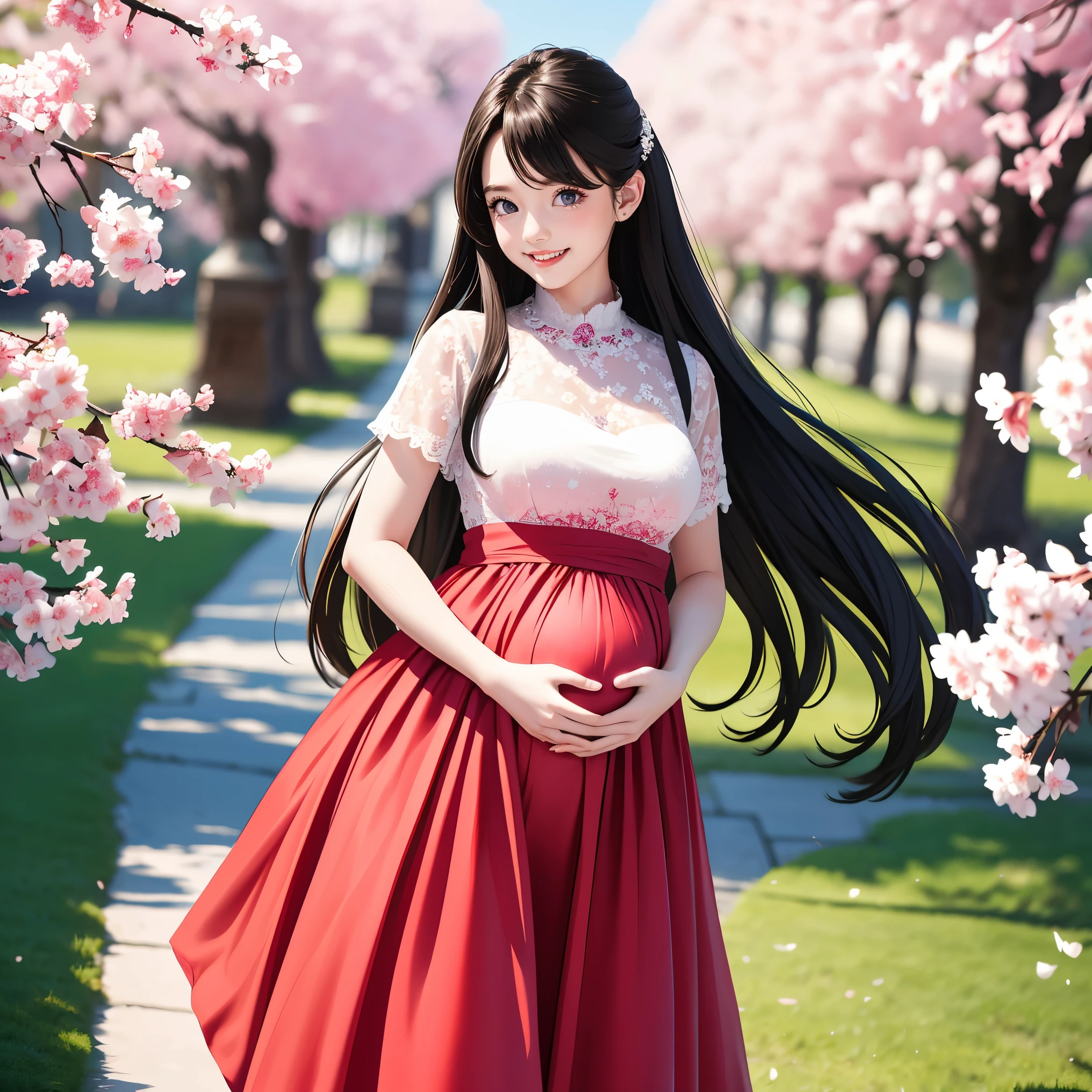 (highest quality、masterpiece、8K、best image quality、Award-winning work)、1 female、walk in the park、(pregnancy:1.1)、(solo:1.1)、(1 photo:1.1)、classy maternity clothes、See-through maternity wear、Lace decoration、perfect makeup、thin、The biggest smile looks at me、(Height: 140cm:1.2)、(Very short:1.2)、standing full body photo、perfect anatomy、Blurred cherry blossoms in full bloom,、Large grassy park、refreshing atmosphere、very bright and vivid、Beautiful eyes in super high resolution、Super high resolution perfect beautiful teeth、Ultra high definition beauty face、Ultra HD beautiful hair、perfect teeth alignment