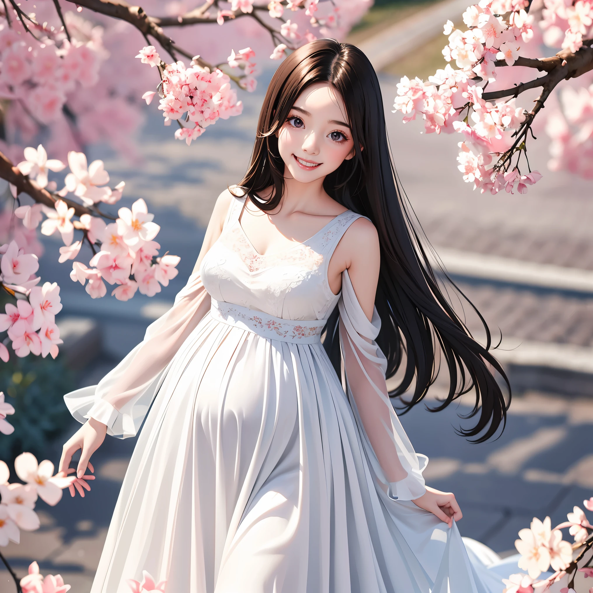 (highest quality、masterpiece、8K、best image quality、Award-winning work)、1 female、walk in the park、(pregnancy:1.1)、(solo:1.1)、(1 photo:1.1)、classy maternity clothes、See-through maternity wear、Lace decoration、perfect makeup、thin、The biggest smile looks at me、(Height: 140cm:1.2)、(Very short:1.2)、standing full body photo、perfect anatomy、Blurred cherry blossoms in full bloom,、Large grassy park、refreshing atmosphere、very bright and vivid、Beautiful eyes in super high resolution、Super high resolution perfect beautiful teeth、Ultra high definition beauty face、Ultra HD beautiful hair、perfect teeth alignment