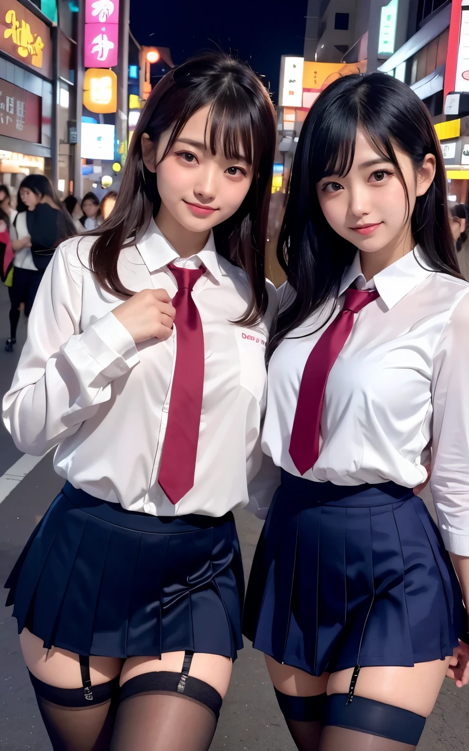 誘惑のPause、erotic thighs、high angle shot、center view、Standing on a neon street at midnight、Two arafe Asian women wearing satin shimmy、upward glance:1.2、look of temptation:1.3、Medium chest、chest bulge、amazingly cute girl、japanese girl、Wearing a lace slip shimmy、surreal 、surreal 、 Pause、Full body Esbian、nice skin、glowing skin、nice thighs、Glowing thick knee socks、Japanese high school 、Nogizaka Idol、(Japanese high schoolの制服)、please invite me inside、Inviting Eyes、white blouse、dark blue skirt、tie