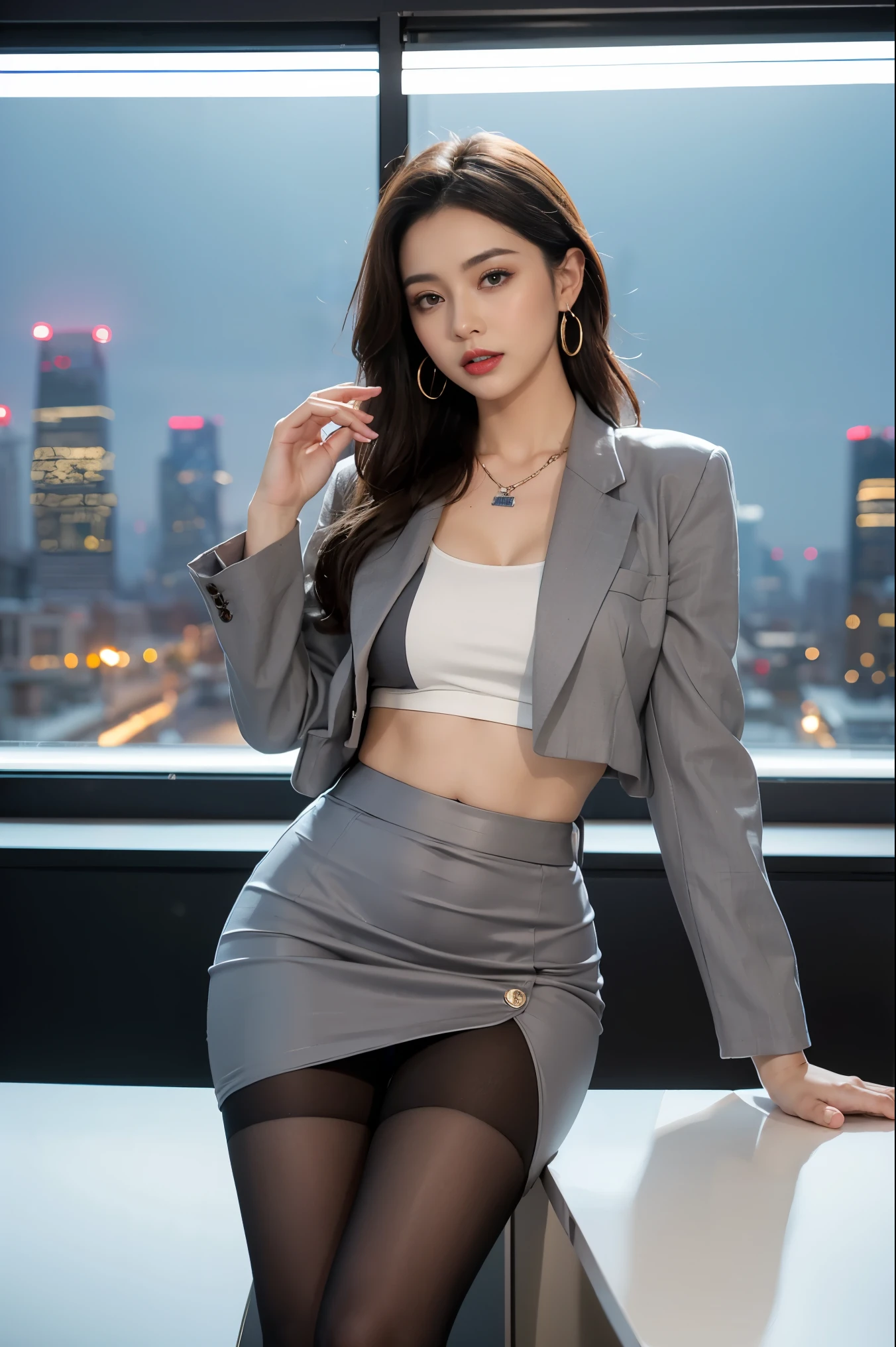 in the office，a young beautiful lady，Wear professional attire，gray blazer，Lace bandeau underwear，slit covered skirt。Bigger and wider hips，thin waist，The upper body rounder，full，Super in shape。Dressed up with jewelry，necklace，earrings，watch，High heel，black stockings。Painted with light makeup，beautiful eyeeautiful lips，very beautiful，Very temperamental。at desk，camel toe, Background modern city office buildings，Very modern，There a lot of space，Outside the window the night view of the city，Modern Shanghai city night view。8 p.m，City neon lights flashing。Professional lighting effectovie shot，intricate details，The best resolution，masterpiece。Complete fingers，intricate details
