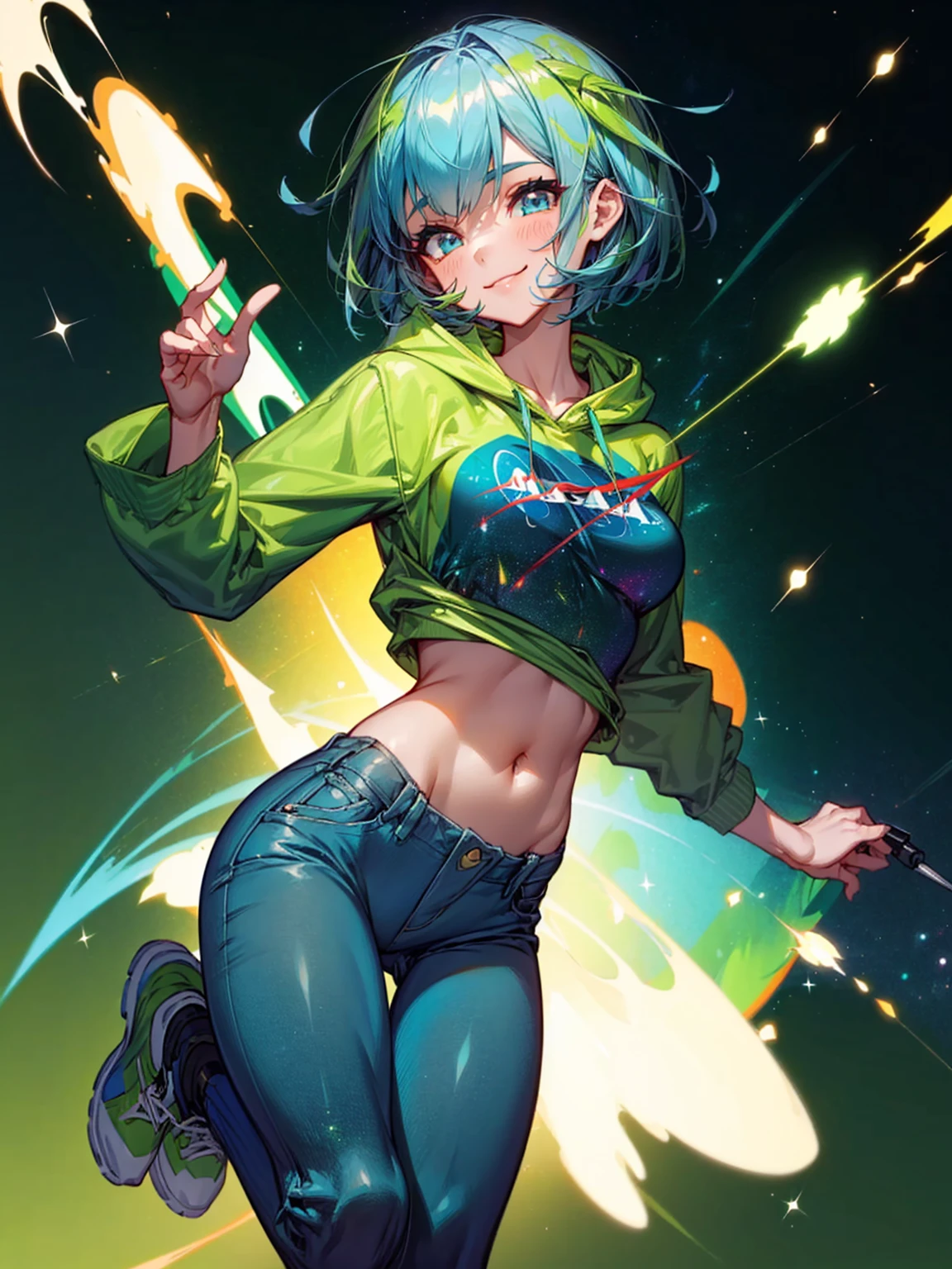 (best quality), (high detailed), (perfect body), (perfect face), one girl, asian, smile, short hair, blue eyes, medium breasts, green color hoodie, NASA logo, long jeans, green trainers, galaxies background