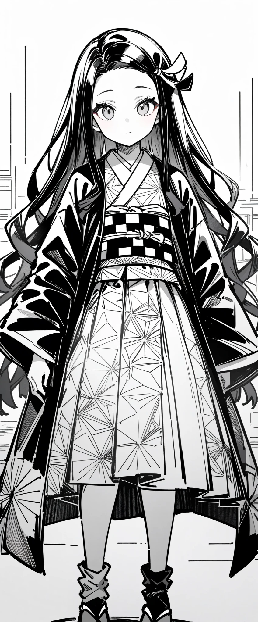 1 girl, female focus, Nezuko,Demon slayer, ((line art:black and white)),Zentangle Elements,rendering,intricate details,Highestの構図,perfect composition,An illustration,nice,Highest,Highestにクール,anatomically correct,structurally correct,draw with thick lines,coloring book,draw with thick lines,clear,line drawing background, white background, monochrome, line drawing, ((sketch))