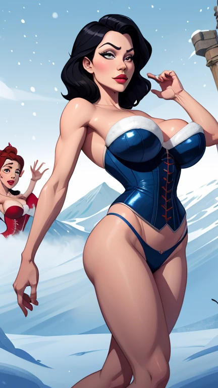 Beautiful character pose in dynamic pose two women together Snow White on the left and together with Cinderella on the right with a symmetrical body with a corset and beautiful breasts, corpo bem definido, delicado e sensual, estilo de desenho animado, digital illustration
