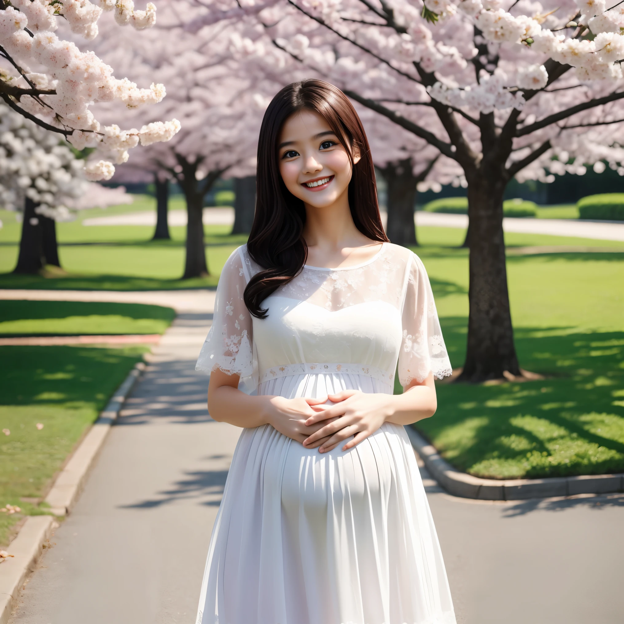 (highest quality、masterpiece、8K、best image quality、Award-winning work)、1 female、walk in the park、(pregnancy:1.1)、(solo:1.1)、(1 photo:1.1)、classy maternity clothes、See-through maternity wear、Lace decoration、perfect makeup、thin、The biggest smile looks at me、(Height: 140cm:1.2)、(Very short:1.2)、standing full body photo、perfect anatomy、Blurred cherry blossoms in full bloom,、Large grassy park、refreshing atmosphere、very bright and vivid、Beautiful eyes in super high resolution、Super high resolution perfect beautiful teeth、Ultra high definition beauty face、Ultra HD beautiful hair、perfect teeth alignment