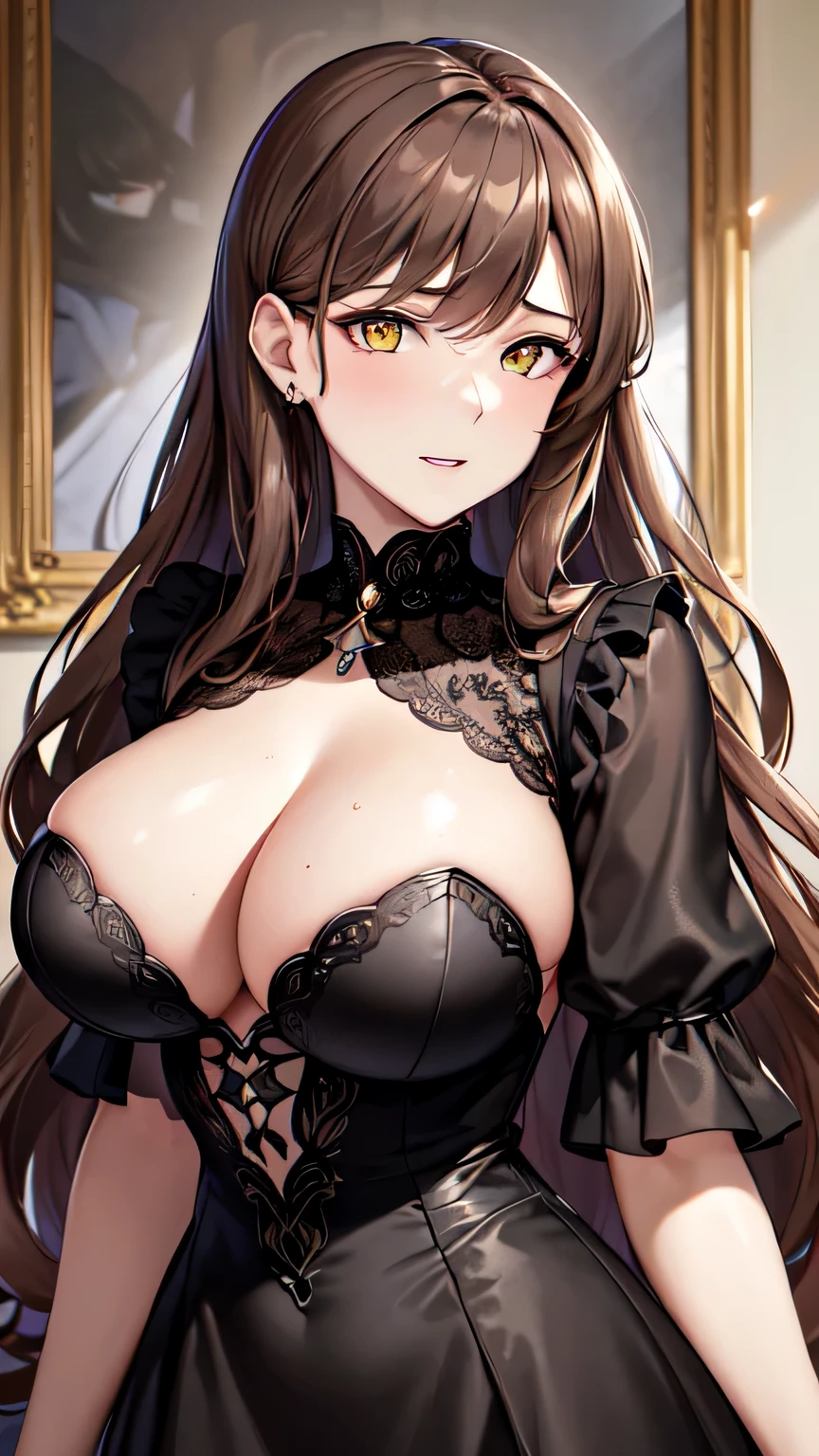 (best quality,4k,8k,highres,masterpiece:1.2),ultra-detailed,realistic,photorealistic:1.37,
milf,brown hair,long hair,yellow eyes,black dress,black dress,party, arrogant,
portrait, vibrant colors,soft lighting,mauve color palette