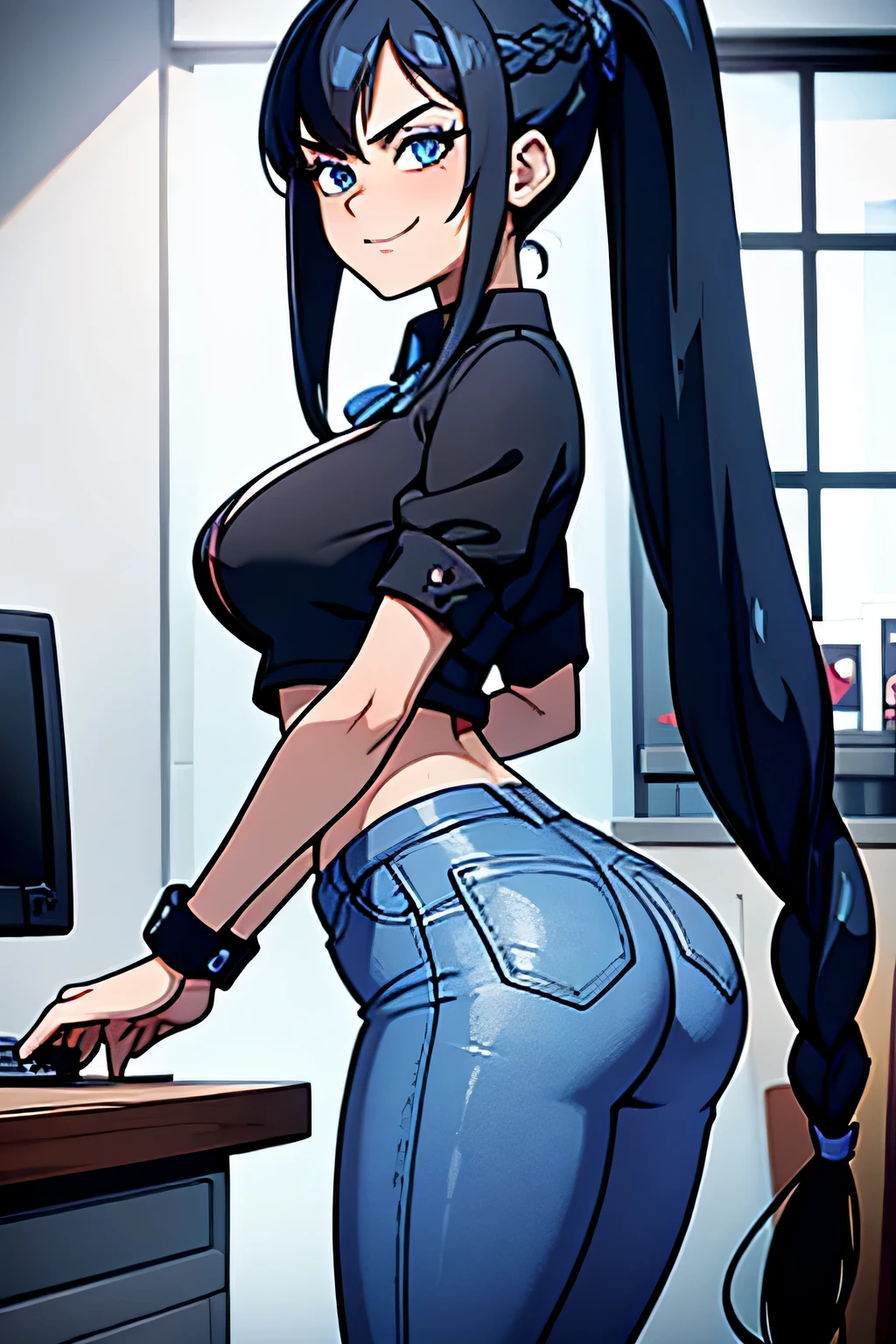 (Cartoon style), (bestquality), depth of field, (dynamic angle),  (blue eyes), 1girl, goth girl:1.2, teen, 18 years old, long black hair, hair in one long braid down to her butt, standing in an office, narrow waist, wearing a office Outfit, Business Outfit, tight pants and blouse, smile:1.3, navel, medium bust, Penis bulge, 