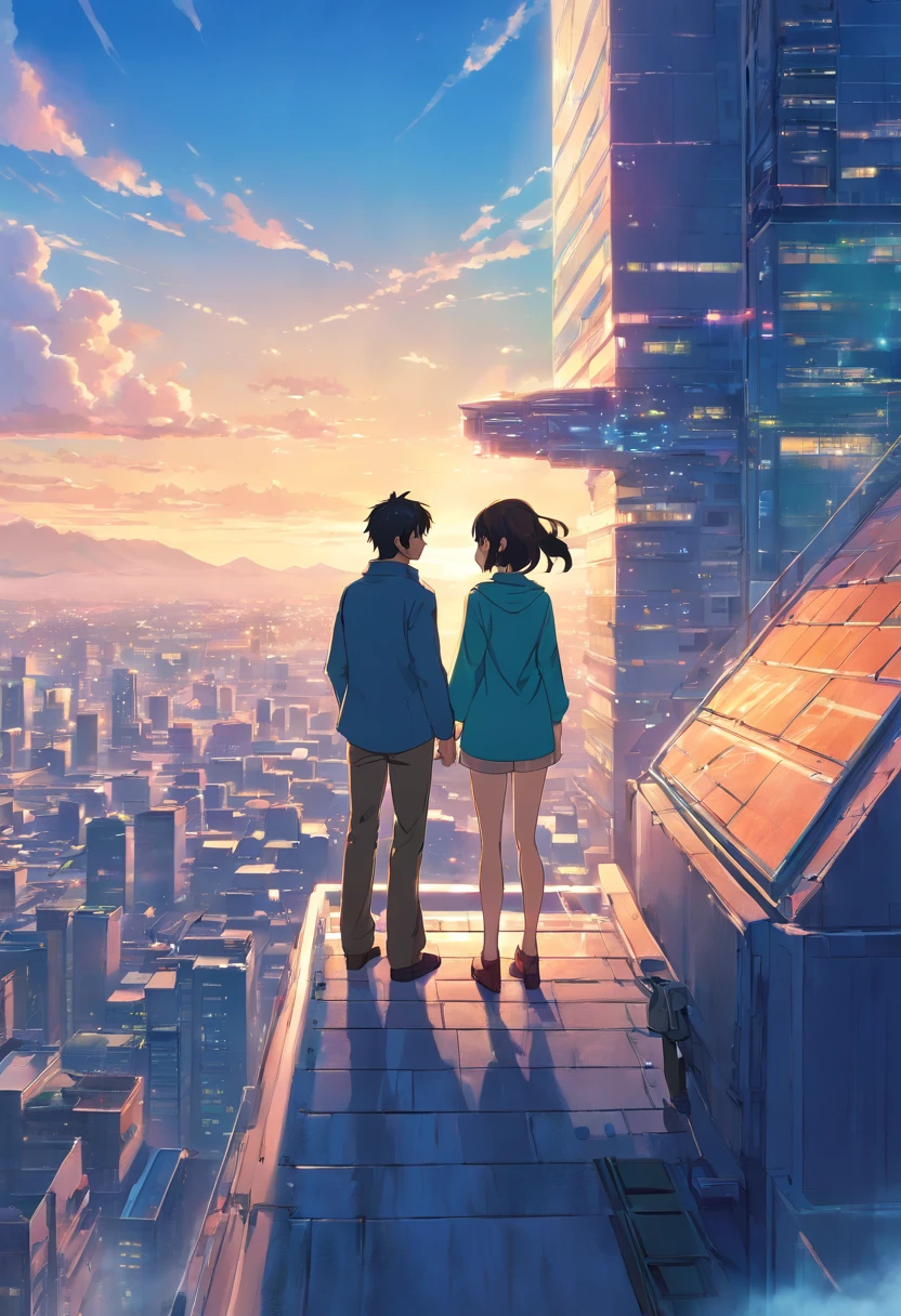 Back view of a man and woman standing in the air in a sci-fi city,Stand on top of a building