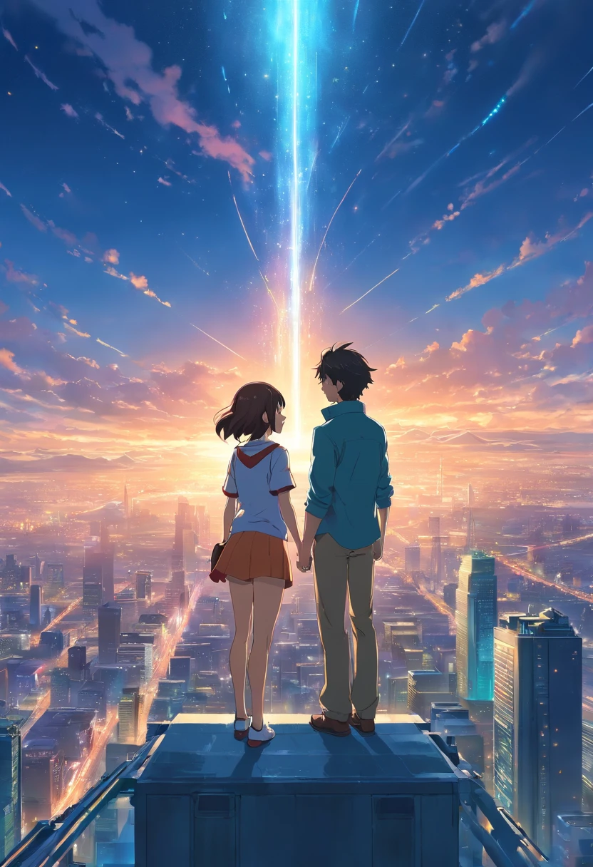 Back view of a man and woman standing in the air in a sci-fi city,Stand on top of a building