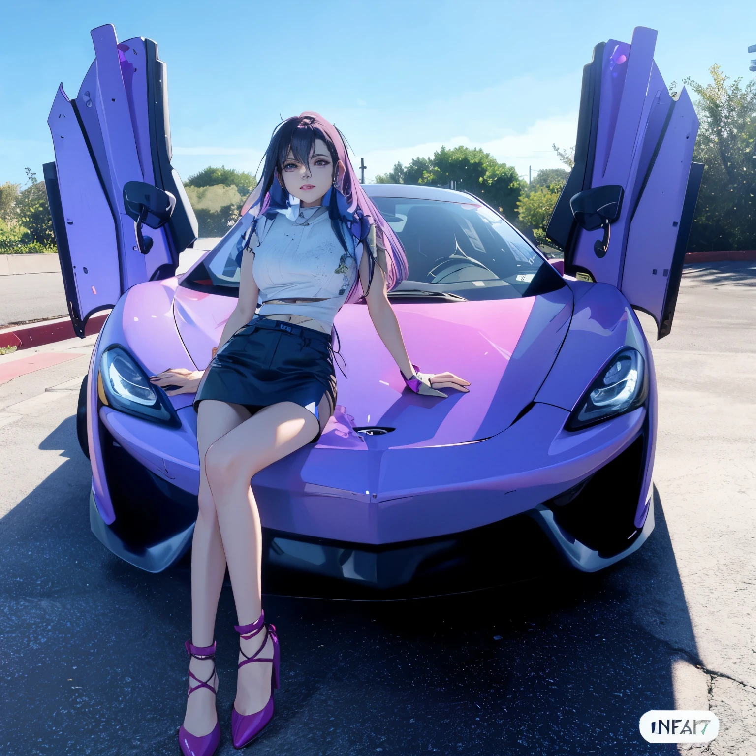 arafed woman sitting on the hood of a purple sports car, purple outfit, jackie tsai style, sitting in her car, bae suzy, amouranth as a super villain, amouranth, draped in purple, xision wu, purple body, purple tint, jisoo of blackpink, purple and pink leather garments, better known as amouranth