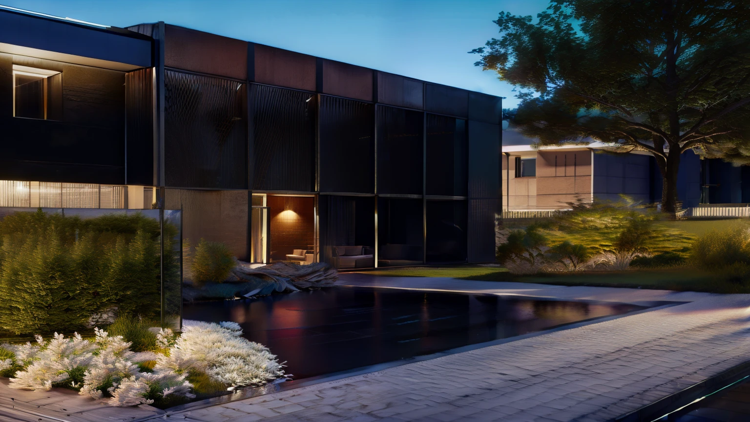 modern house, glass window, mesh panel on the facade, dark gray roof line, tone border tile, clear sky, flowers, trees, grass yard, random tiles with grass for walking path, front yard with landscaping garden footage of perennial flowers being planted, had, realistic, 4k quality,(ultra high res,photorealistic,best quality,photo-realistic),(8k,raw photo,best quality,masterplece),(photon mapping,radiosity,physically-based rendering,automatic white balance).