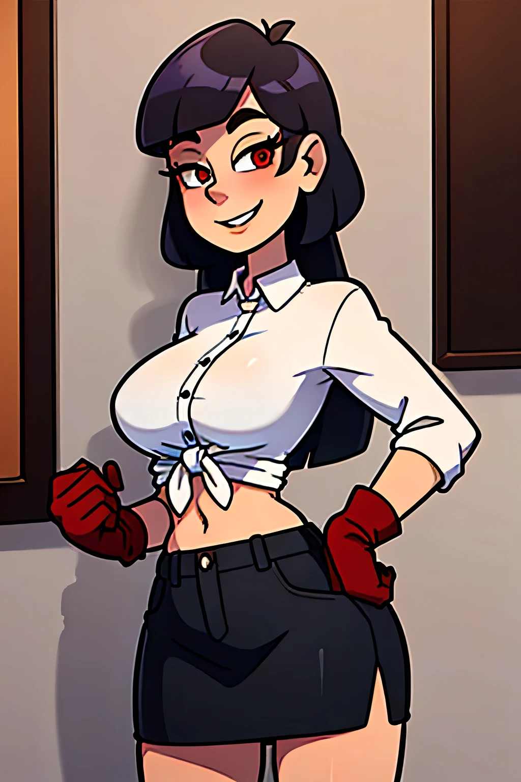  A tall sexy woman with big chest, longer black hair, red eyes, dresses in a white button-down shirt tied with a knot, shows her navel and her black leather miniskirt, and puts on her hand a red glove and smiles happily, well educated, learned 