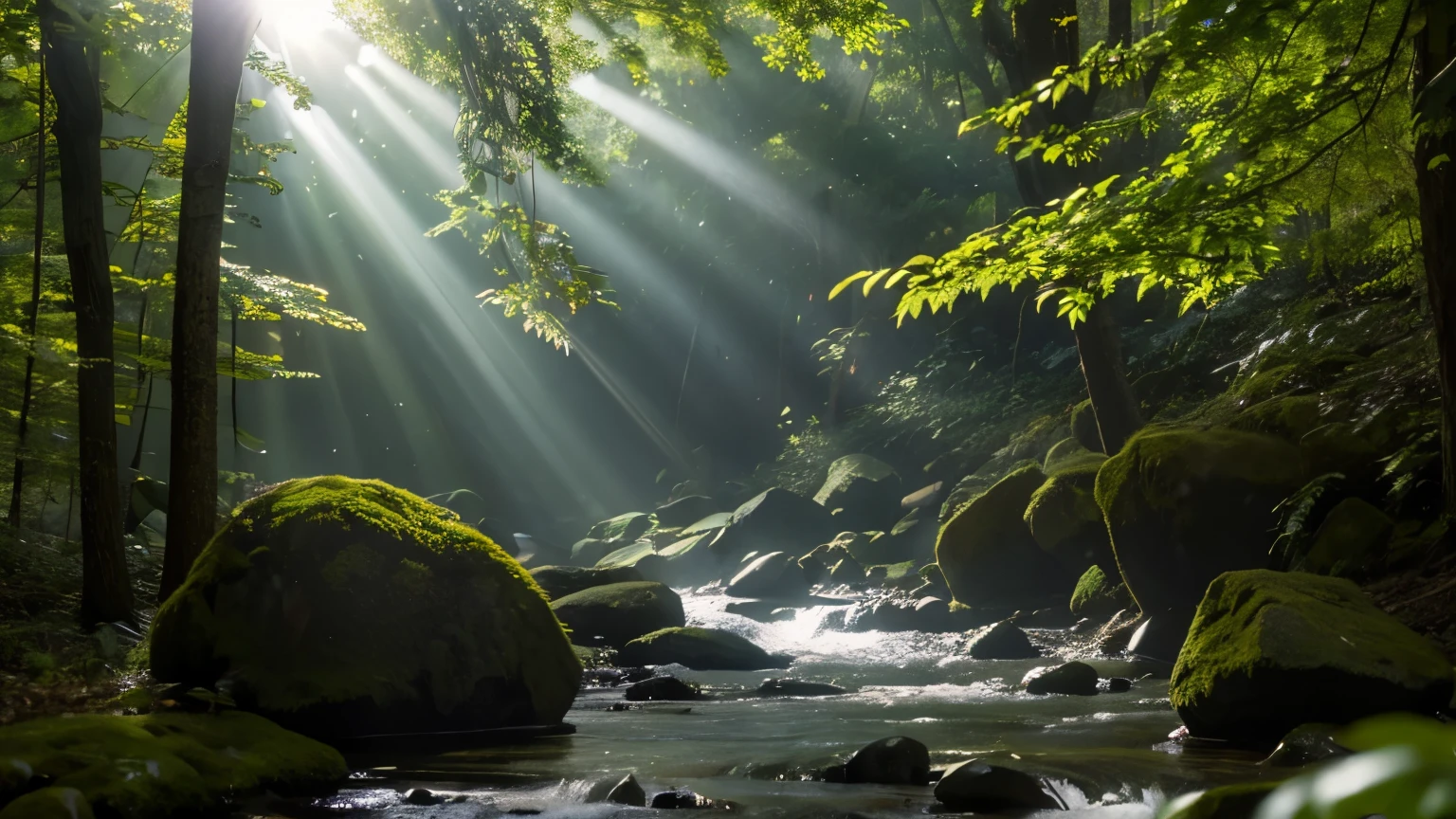 medium shot，Sunny Day Tyndall Effect，forest，A beam of light shines through the leaves onto the rocks，