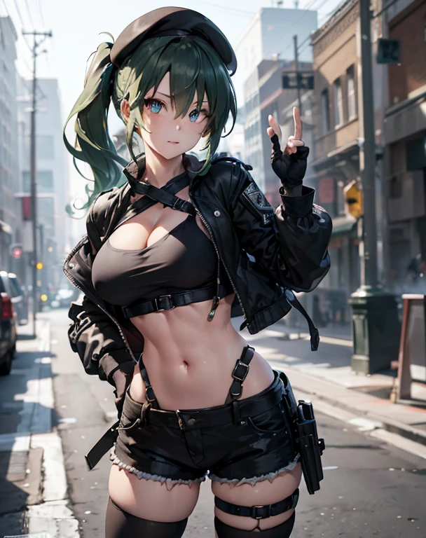 ubel,dark green hair,long hair,side ponytail,hair between eyes,bangs, BREAK (beret, black jacket, open clothes, cleavage, midriff, black shorts, black thighhighs, thigh strap, fingerless gloves, single glove:1.2) BREAK blurry background, BREAK pose, hand on hip, BREAK (masterpiece:1.2), best quality, high resolution, unity 8k wallpaper, (illustration:0.8), (beautiful detailed eyes:1.6), extremely detailed face, perfect lighting, extremely detailed CG, (perfect hands, perfect anatomy),
