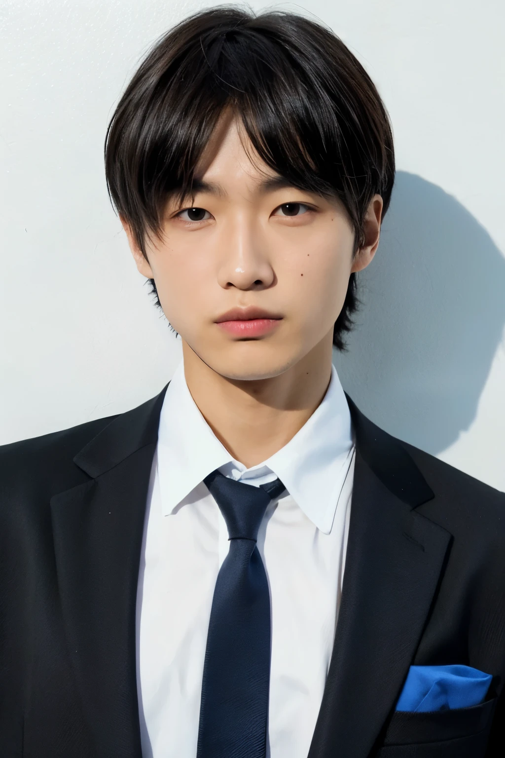 male, suit, ID photo, black jacket, white shirt, blue tie, perfect face