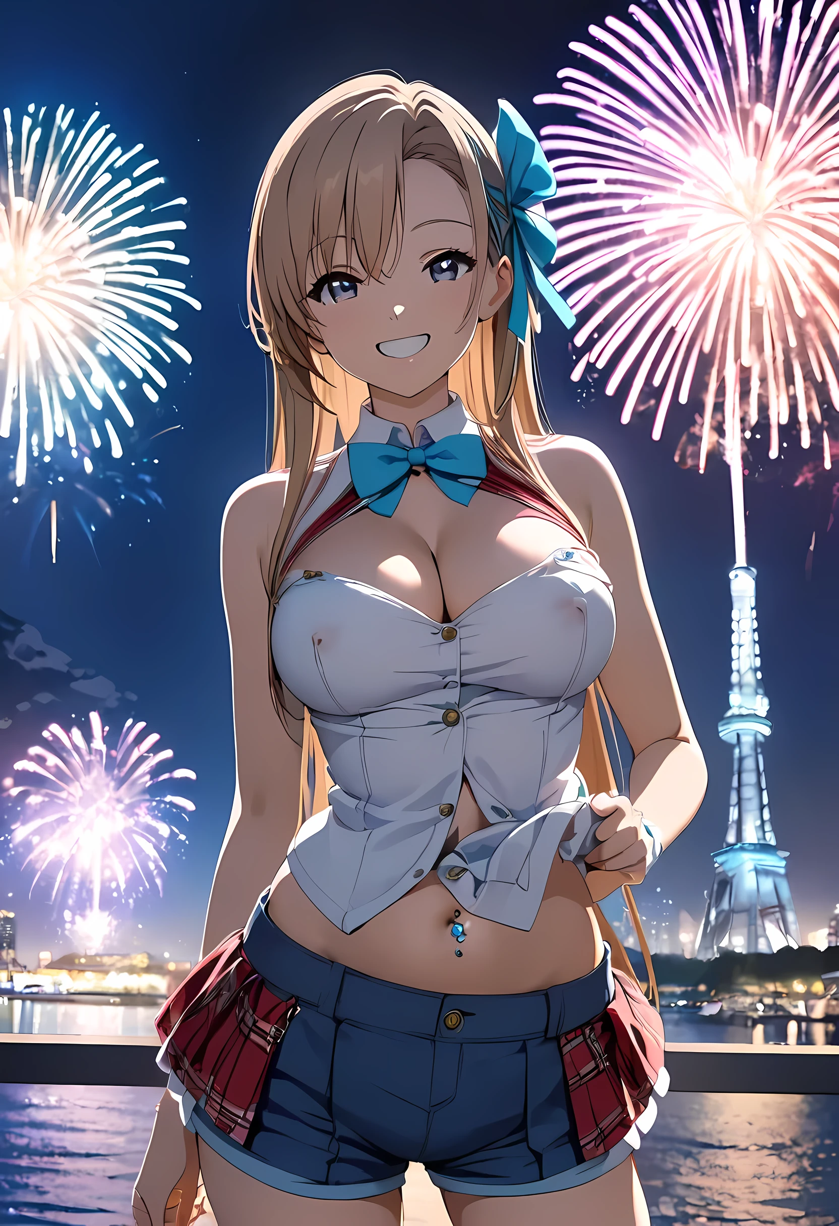 Asuna, anime art style, 1 girl, alone、erect nipples、cleavage、I can see your belly button、shorts、idol clothes、smile、night view、beautiful Fireworks