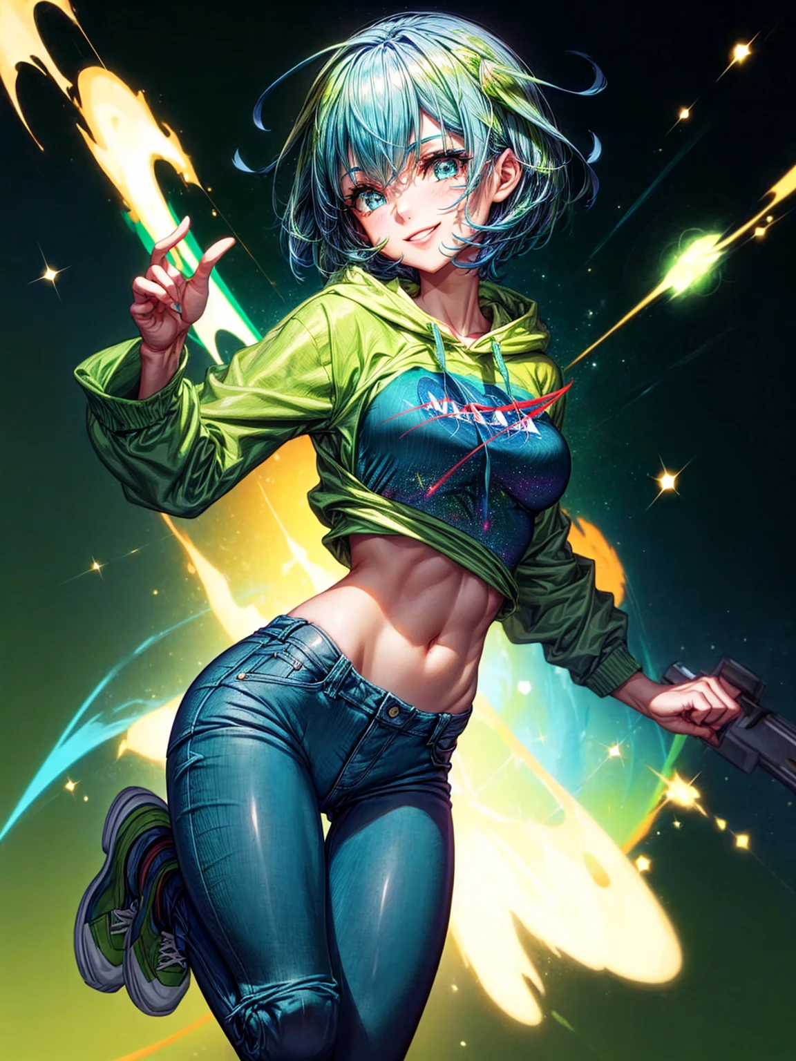 (best quality), (high detailed), (perfect body), (perfect face), one girl, asian, smile, short hair, blue eyes, medium breasts, green color hoodie, NASA logo, long jeans, green trainers, galaxies background