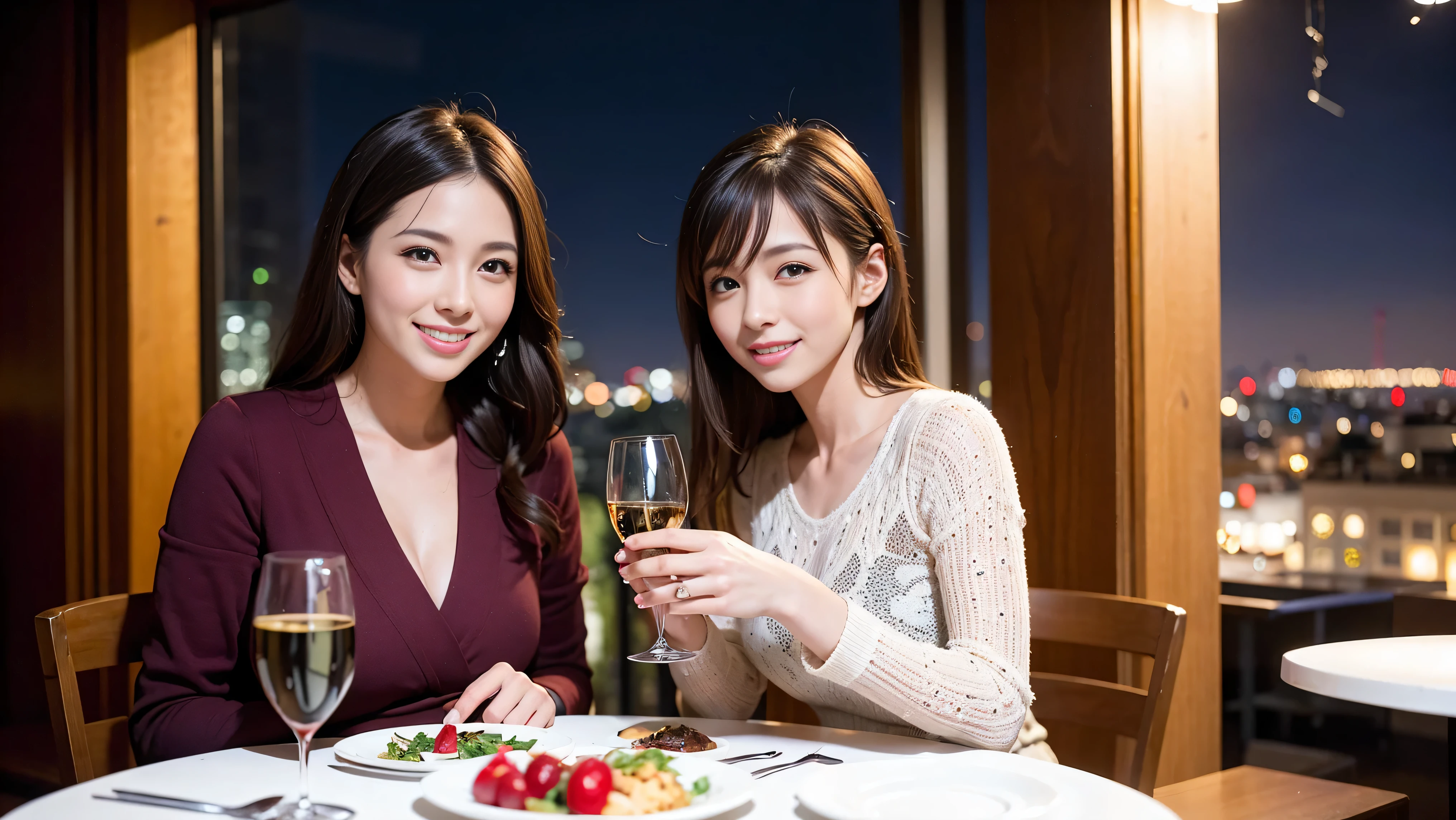 (K UHD, nffsw, top quality, table top: 1.2), (realistic, realistic: 1.37), Spectacular view of the sunset sky and clouds、Amazing mountain views、A bright smile、A lovely woman with a smile、The woman's face is bright、fox face、lady、Wine Party、hors d'oeuvre、Italian food、2 beauties、brown hair、shortcut、long sleeve shirt、winter fashion、dress、Japanese、Englishman、Dutch、German、Belgian、Italian、French,wine bottle、hors d'oeuvre、Champagne、sparkling wine、Pretty Woman 1, (slim face), (Because I'm slender), (brown hair), (shortcut), cheeks turn a little red, (40 years old), 38 years old, attractive beauty、, A beautiful and detailed night view spreads out outside the window.........., restaurant, sitting in a wine glass, At night, in a prominent place (from the waist up) nova frog style, actress, model, Upper body, White wine, slim, wine glass, very beautiful night view, wine glass placed in the middle, Smile, (smile: 1.15), beautiful small eyes,