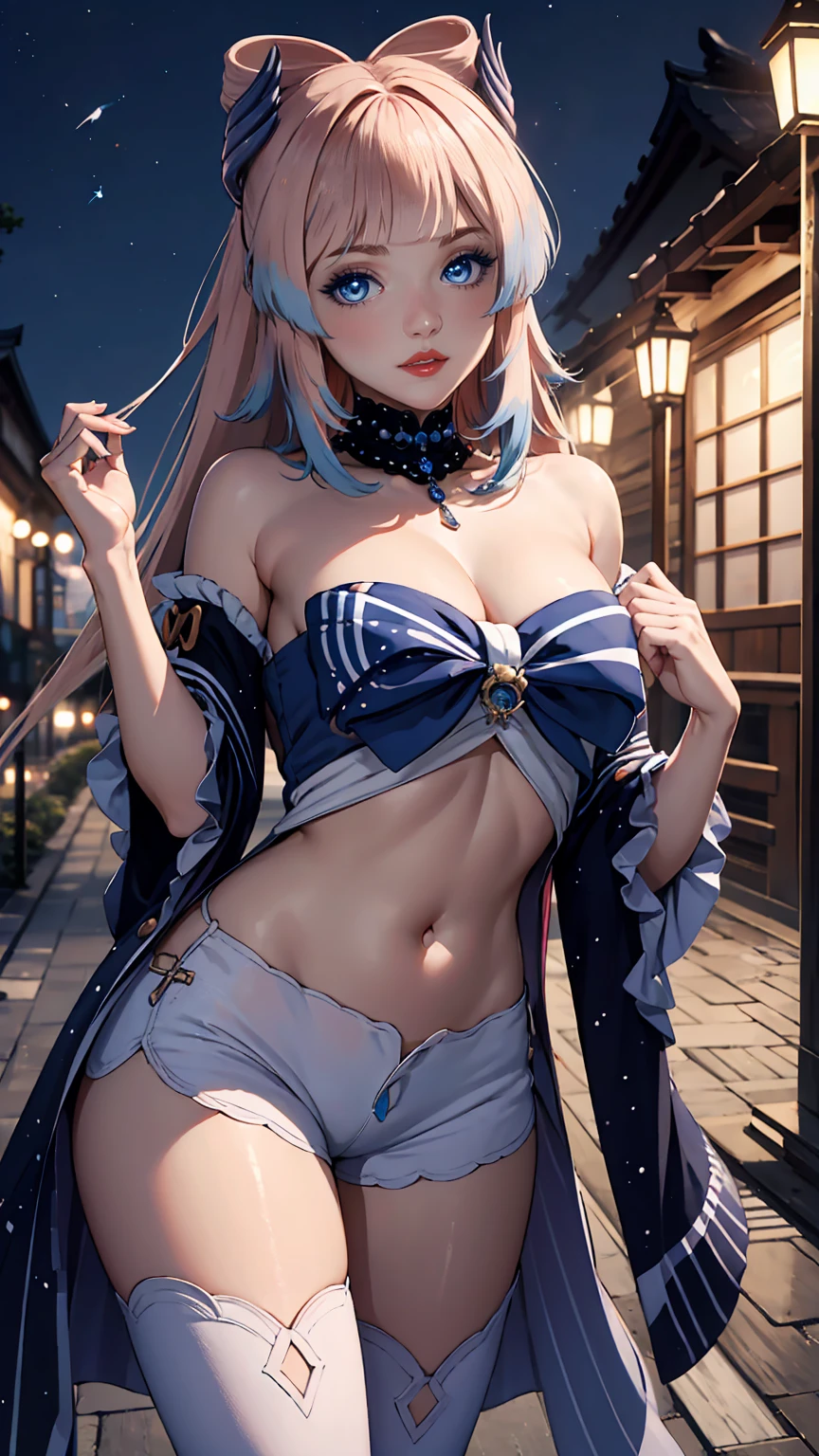 Masterpiece, high quality, 8k, ultra detail, ((kamisatoayakarnd)) standing, night,outdoors, (bandeau), navel, (shorts), (off shoulders), choker, smile, armpit, large breast