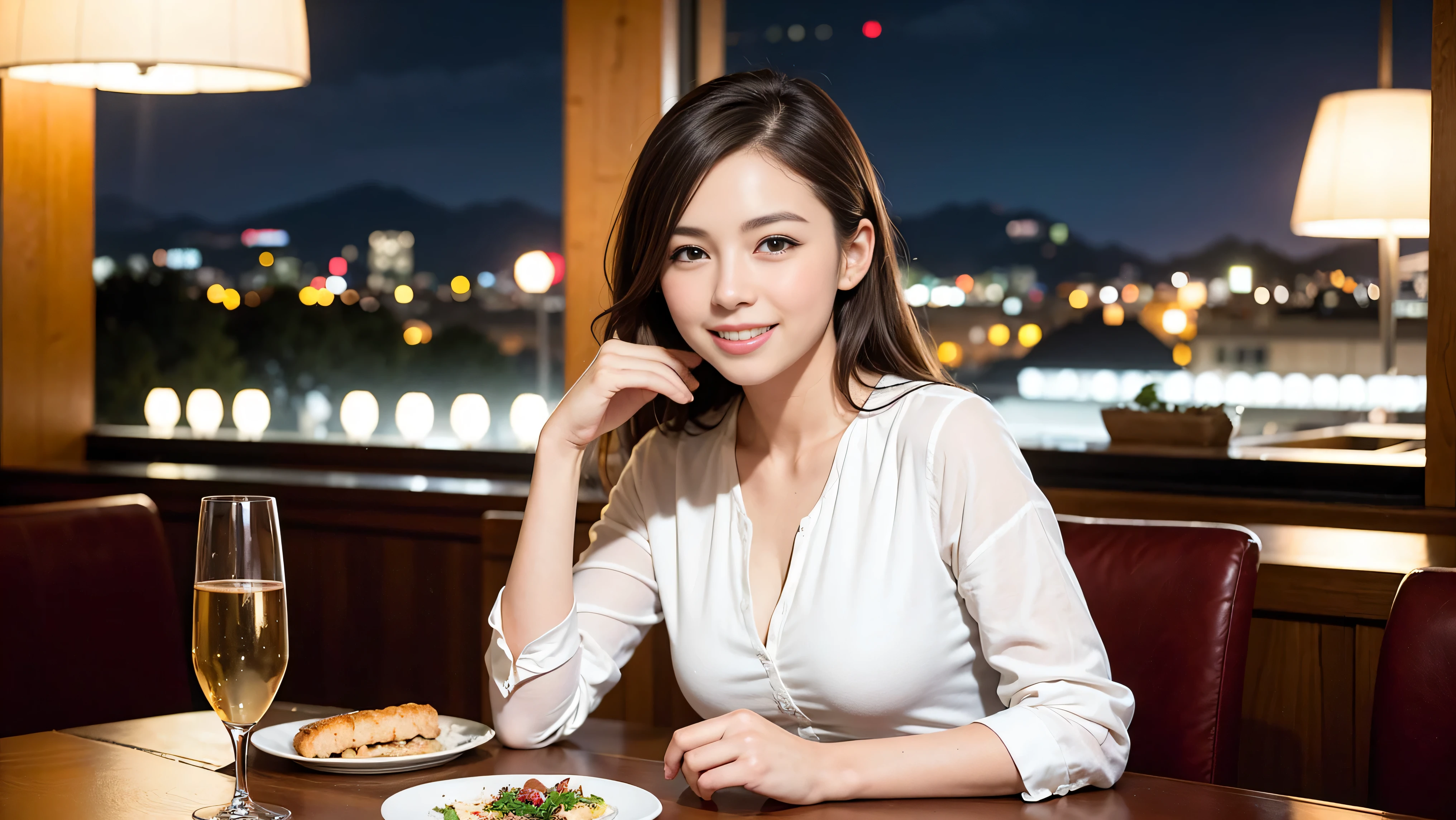 (K UHD, nffsw, top quality, table top: 1.2), (realistic, realistic: 1.37), Spectacular view of the sunset sky and clouds、Amazing mountain views、A bright smile、A lovely woman with a smile、The woman&#39;s face is bright、fox face、lady、Wine Party、hors d'oeuvre、Italian food、2 beauties、brown hair、shortcut、long sleeve shirt、winter fashion、dress、Japanese、Englishman、Dutch、German、Belgian、Italian、French,wine bottle、hors d'oeuvre、Champagne、sparkling wine、Pretty Woman 1, (slim face), (Because I&#39;m slender), (brown hair), (shortcut), cheeks turn a little red, (40 years old), 38 years old, attractive beauty、, A beautiful and detailed night view spreads out outside the window.........., restaurant, sitting in a wine glass, At night, in a prominent place (from the waist up) nova frog style, actress, model, Upper body, White wine, slim, wine glass, very beautiful night view, wine glass placed in the middle, Smile, (smile: 1.15), beautiful small eyes, 