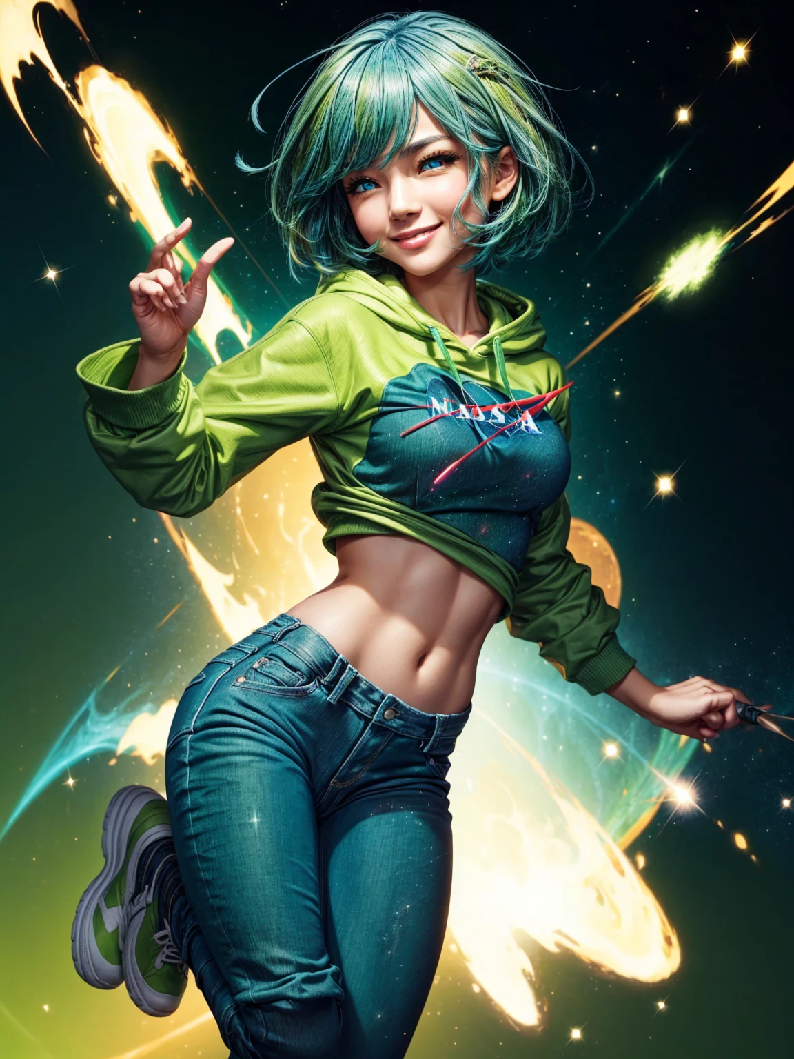 (best quality), (high detailed), (perfect body), (perfect face), one girl, asian, smile, short hair, blue eyes, medium breasts, green color hoodie, NASA logo, long jeans, green trainers, galaxies background