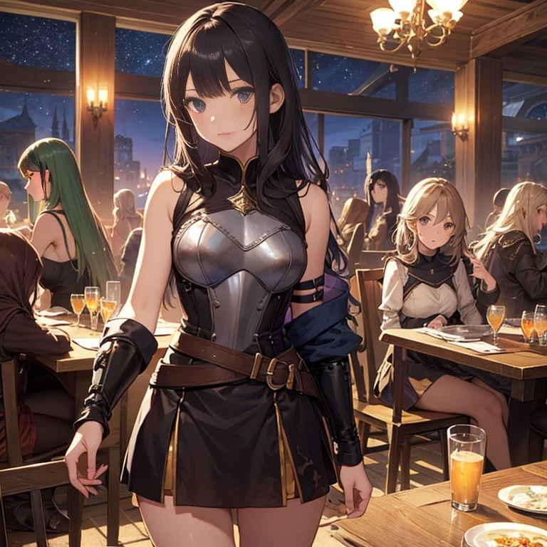 A group of female medieval fantasy adventurers, (in bar), various hair styles, harem, night, details face, short skirt, seducing, sleeveless, armor