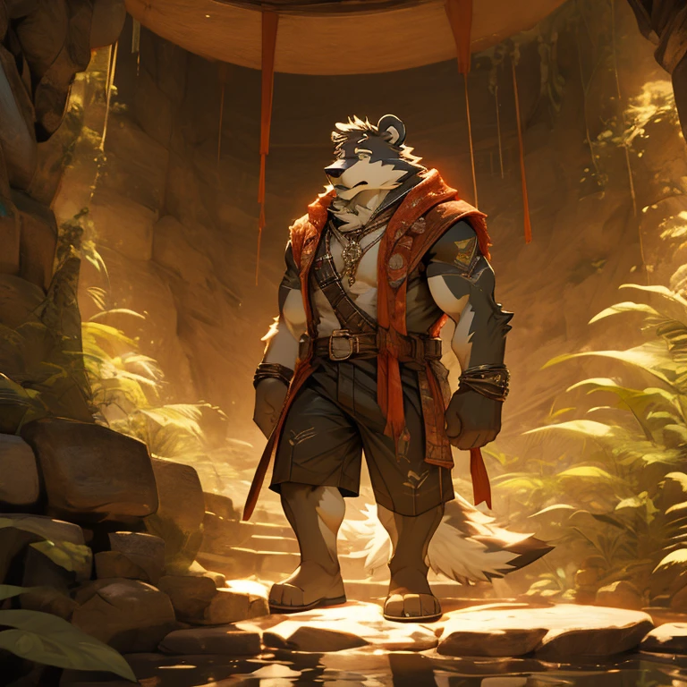 (white short sleeve, Brown coat, Grey adventure shorts,Explorer style),Someone with a camera around his neck(wolfs)On an expedition journey，The background may be dense jungle or deep in caves，author：Pino Daeni，（Ruaidri），author：Virtyalfobo
