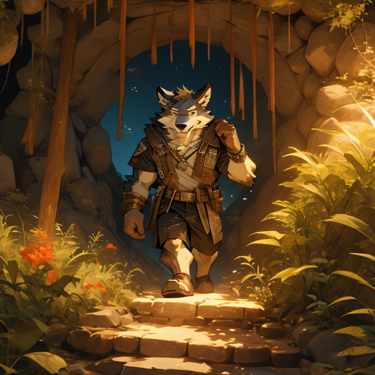 (white short sleeve, Brown coat, Grey adventure shorts,Explorer style),Someone with a camera around his neck(wolfs)On an expedition journey,The background may be dense jungle or deep in caves,author:Pino Daeni,(Ruaidri),author:Virtyalfobo
