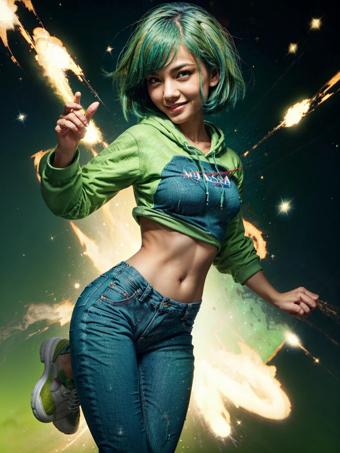 (best quality), (high detailed), (perfect body), (perfect face), one girl, asian, smile, short hair, blue eyes, medium breasts, green color hoodie, NASA logo, long jeans, green trainers, galaxies background