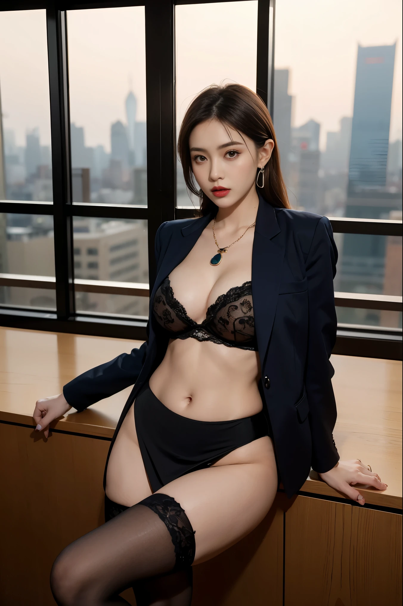 in the office，a young beautiful lady，Wear professional attire，gray blazer，Lace bandeau underwear，slit covered skirt。Bigger and wider hips，thin waist，The upper body rounder，full，Super in shape。Dressed up with jewelry，necklace，earrings，watch，High heel，black stockings。Painted with light makeup，beautiful eyeeautiful lips，very beautiful，Very temperamental。at desk，camel toe, Background modern city office buildings，Very modern，There a lot of space，Outside the window the night view of the city，Modern Shanghai city night view。8 p.m，City neon lights flashing。Professional lighting effectovie shot，intricate details，The best resolution，masterpiece。Complete fingers，intricate details
