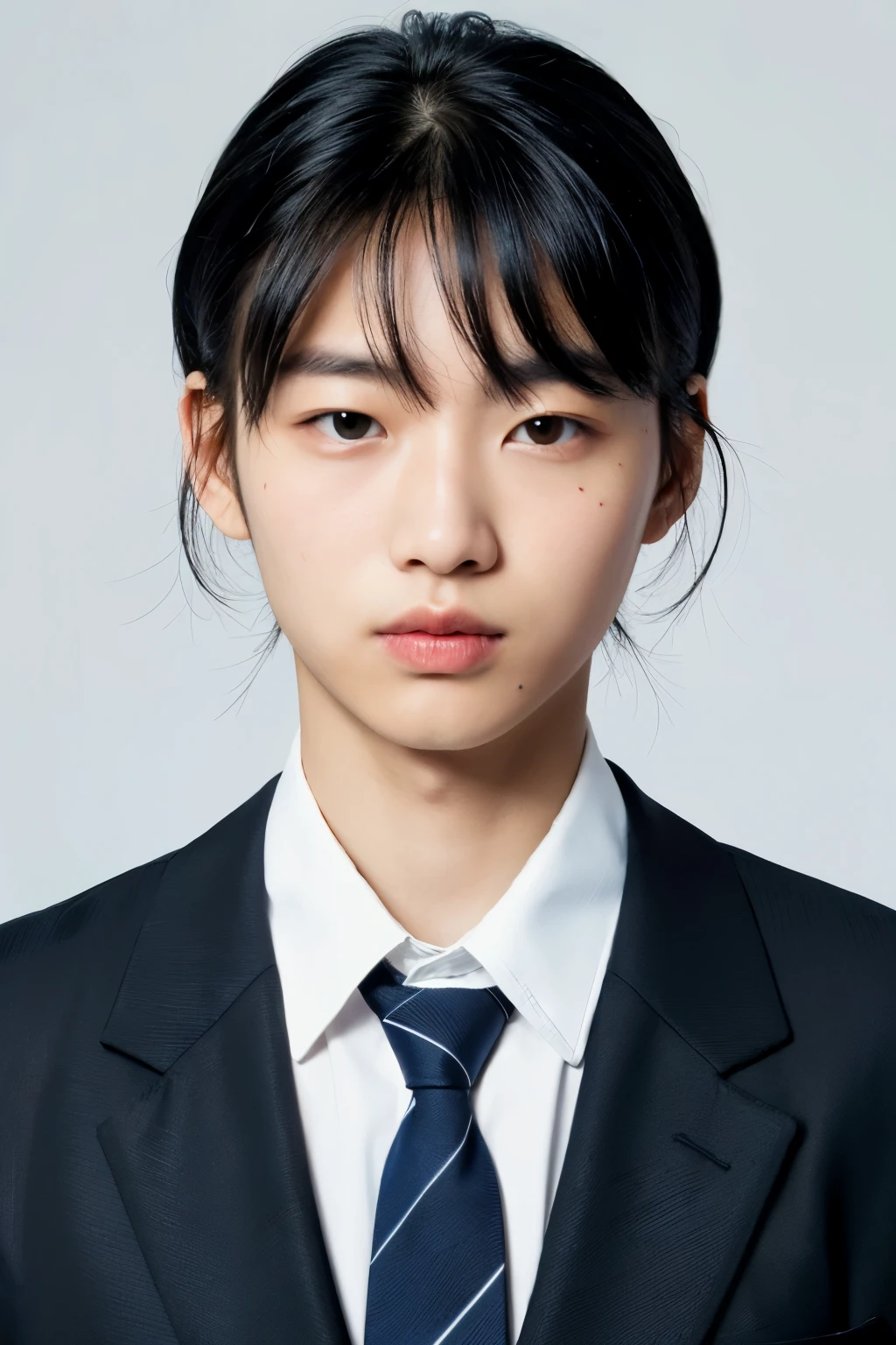 male, suit, ID photo, black jacket, white shirt, blue tie, perfect face