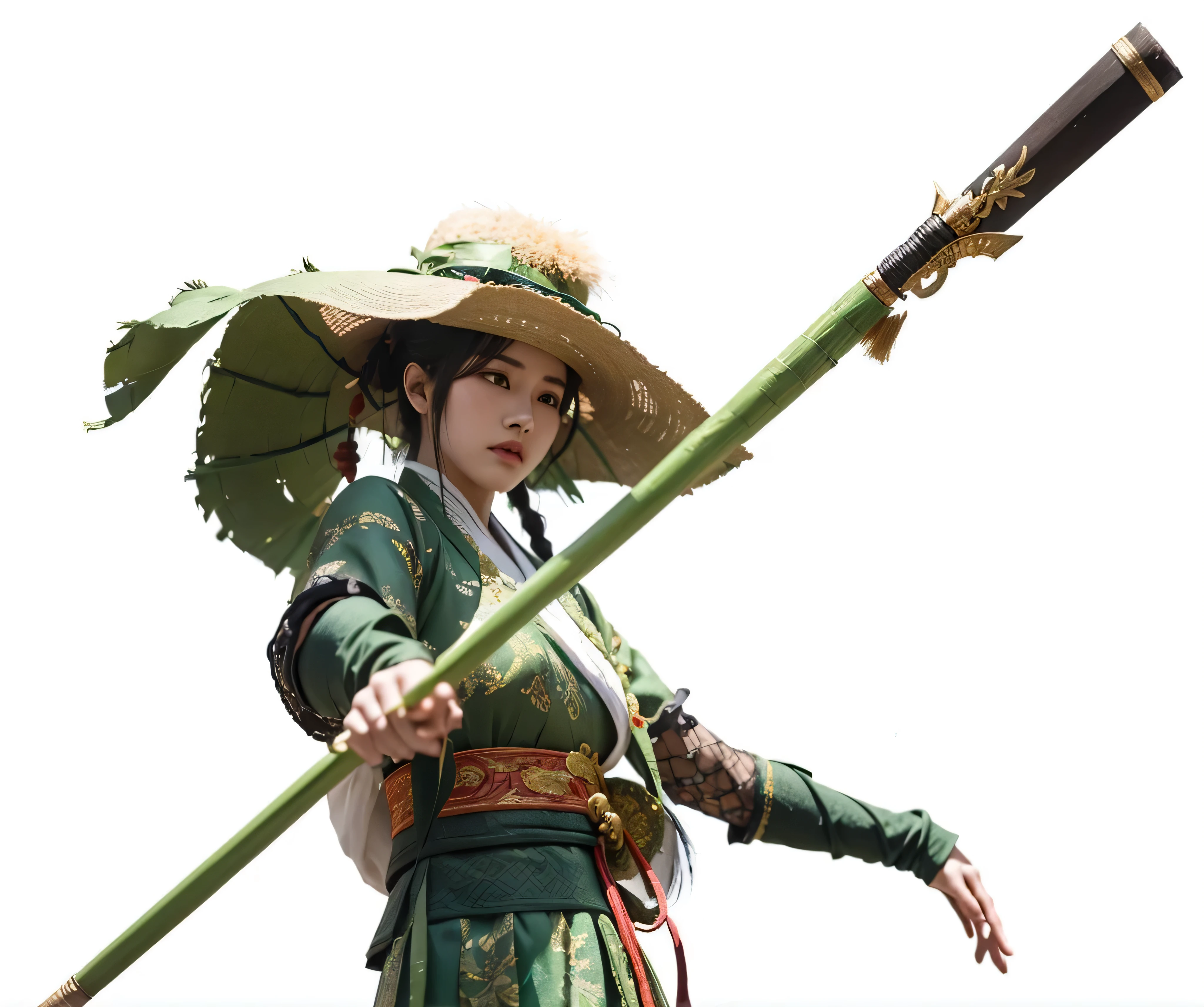 there is a woman wearing a hat and a green dress, as a character in tekken, inspired by Li Mei-shu, yun ling, mai shiranui, kunoichi, xianxia hero, inspired by Cao Zhibai, inspired by Leng Mei, inspired by Wu Zuoren, lei min, masuimi max, mei-ling zhou,
