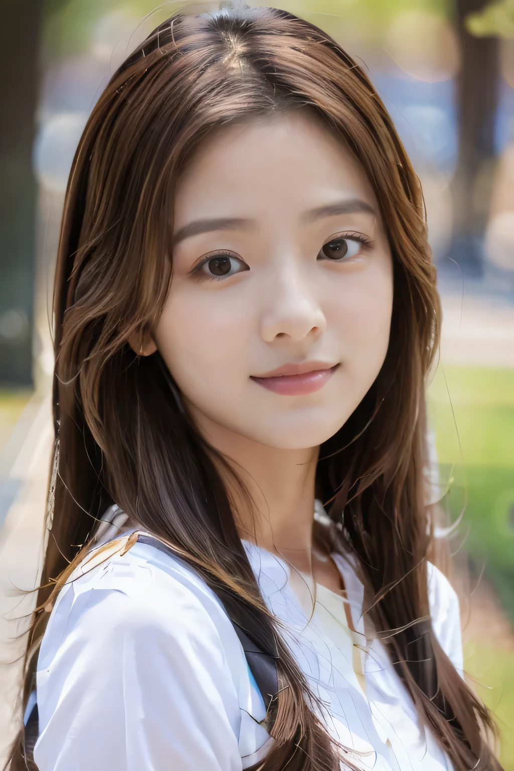 (masterpiece:1.3), (8K, realistic, Raw photo, highest quality: 1.4), front,japanese woman,beautiful face, (realistic face), (light brown hair, medium hair:1.3), beautiful hairstyle, realistic eyes, beautiful eyes, beautiful eyes, (realistic skin), beautiful skin, charm, Ultra High resolution, High resolution, close, portrait, golden ratio, detail makeup, look at the beholder, smile, (shoulder look), double eyelid,round face,baby face,Cute Spring Clothes
