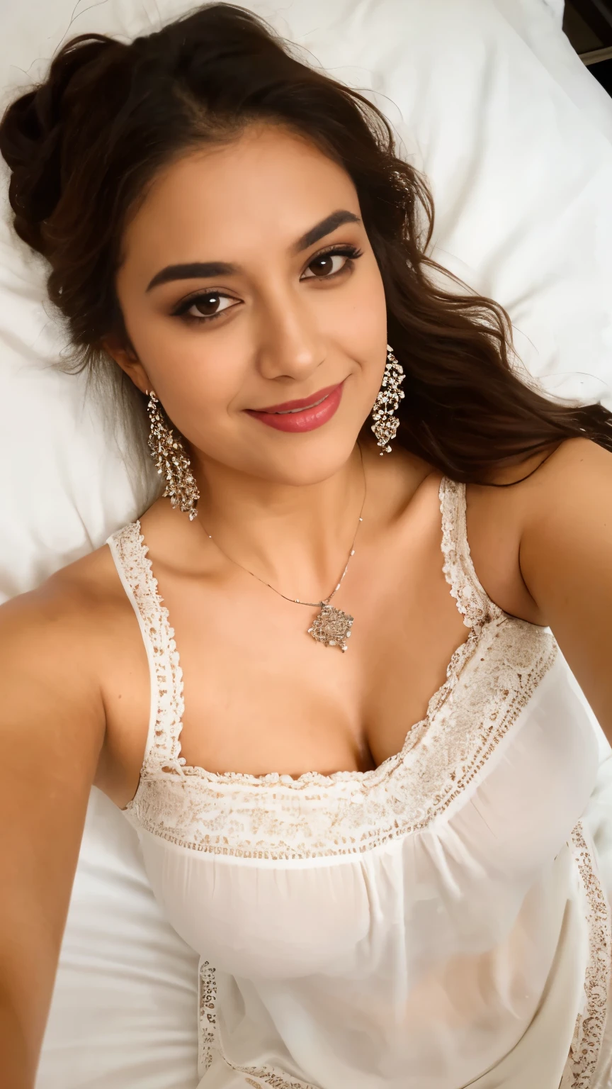 from top view, selfie, extreme close up photo of  latina, hourglass figure, swooping breasts, sexy armpits, seducing in bed, French braid hair, necklace, sultry, look at viewer and smile, white see through lace nightdress, (cinematic:1.3), intricate details, (ArtStation:1.2)