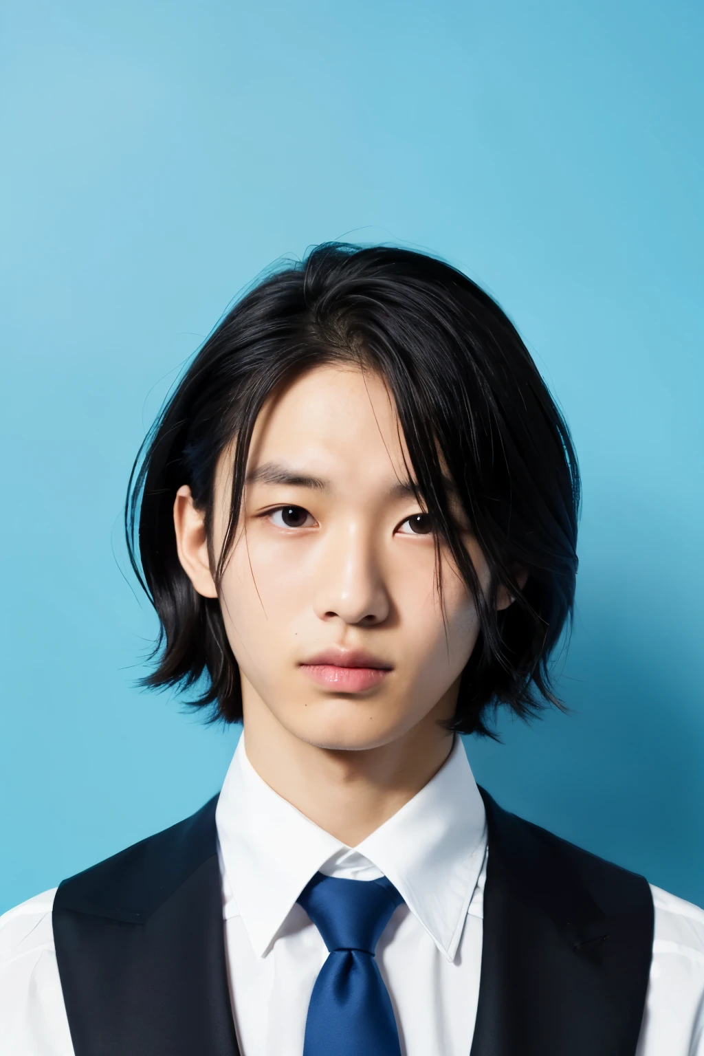 male, suit, ID photo, black jacket, white shirt, blue tie, perfect face, cyan background