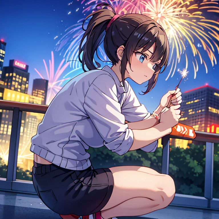 A woman with a ponytail squatting and holding fireworks