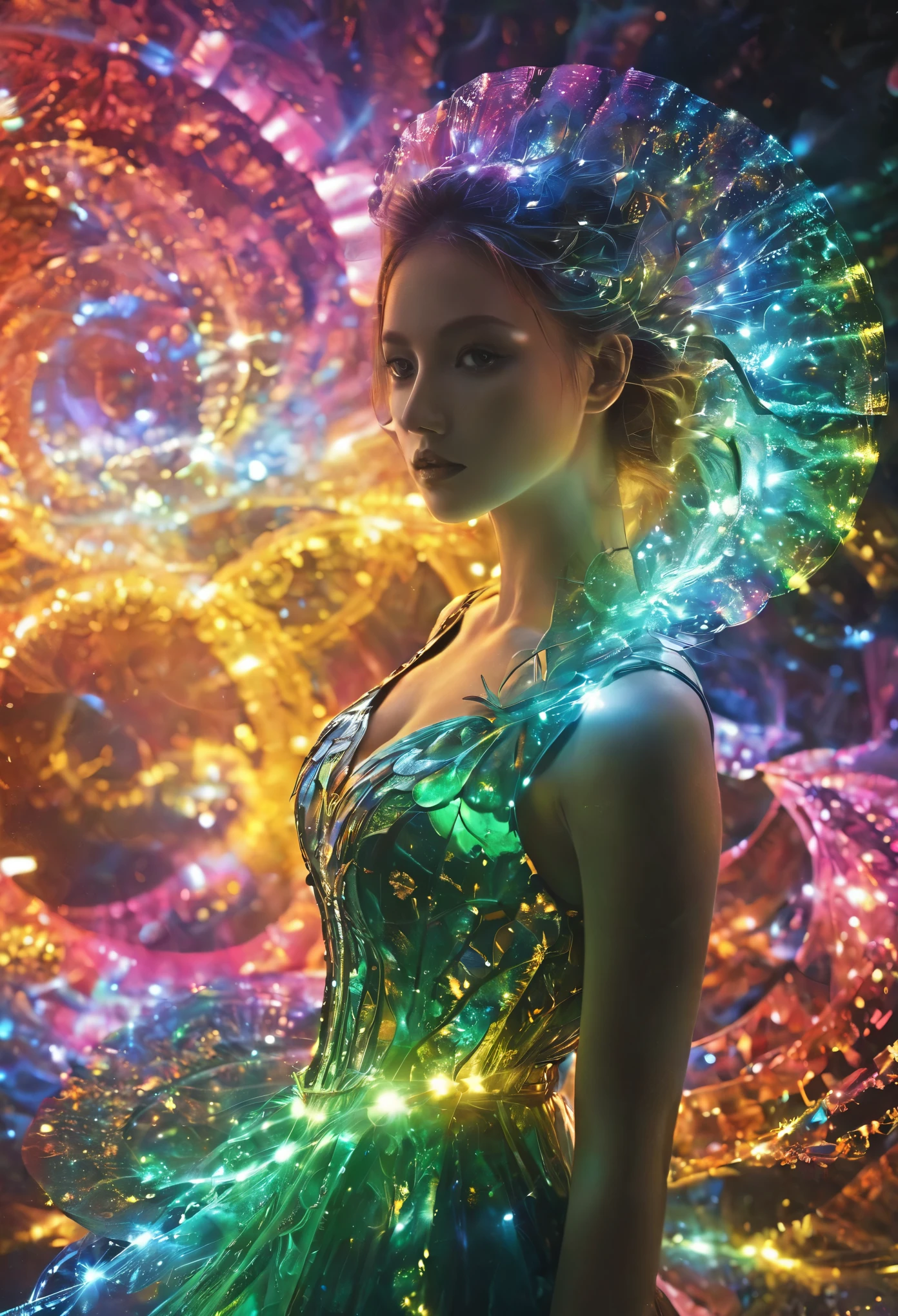 fractal，glowing，1girl，blingbling，Motion blurred，