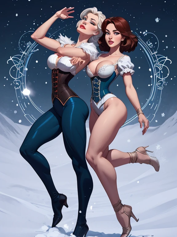 Beautiful character pose in dynamic pose two women together Snow White on the left and together with Cinderella on the right with a symmetrical body with a corset and beautiful breasts, corpo bem definido, delicado e sensual, estilo de desenho animado, digital illustration
