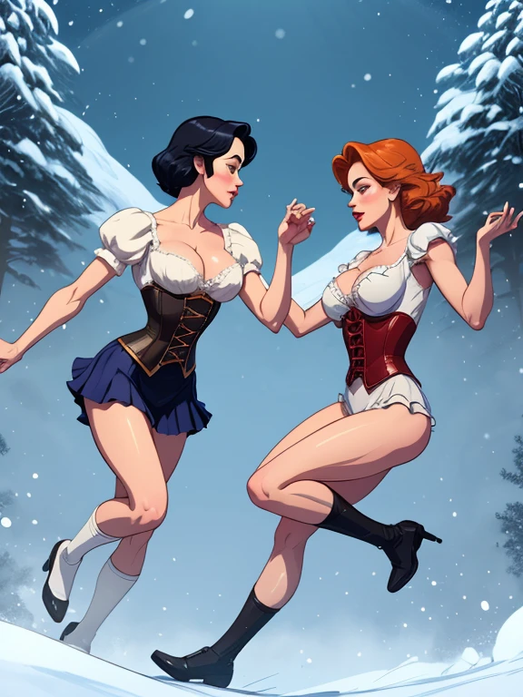 Beautiful character pose in dynamic pose two women together Snow White on the left and together with Cinderella on the right with a symmetrical body with a corset and beautiful breasts, corpo bem definido, delicado e sensual, estilo de desenho animado, digital illustration